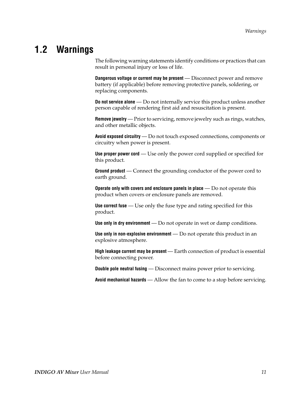 2 warnings, Warnings | Grass Valley Indigo AV Mixer v.1.2.2 User Manual | Page 11 / 174