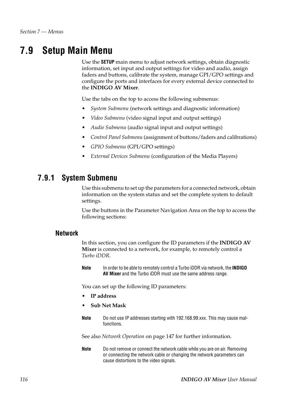 9 setup main menu, 1 system submenu, Setup main menu | System submenu, Network | Grass Valley Indigo AV Mixer v.1.2.2 User Manual | Page 116 / 174