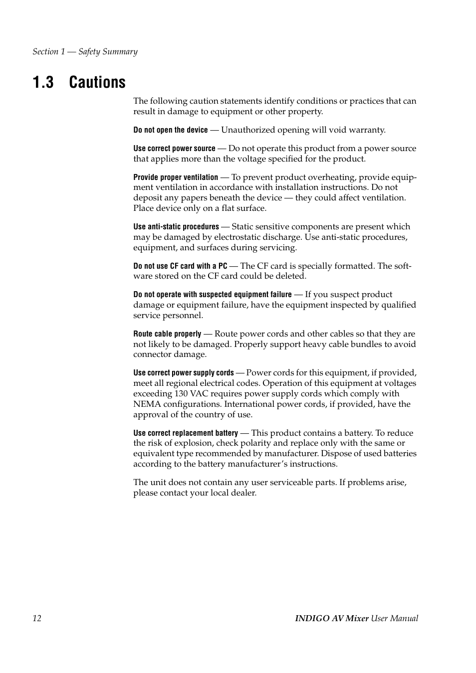 3 cautions, Cautions | Grass Valley Indigo AV Mixer v.1.2.2 User Manual | Page 12 / 174
