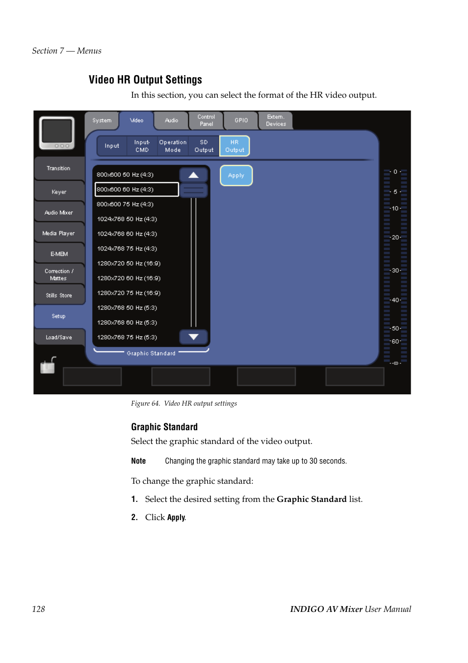 Video hr output settings | Grass Valley Indigo AV Mixer v.1.2.2 User Manual | Page 128 / 174