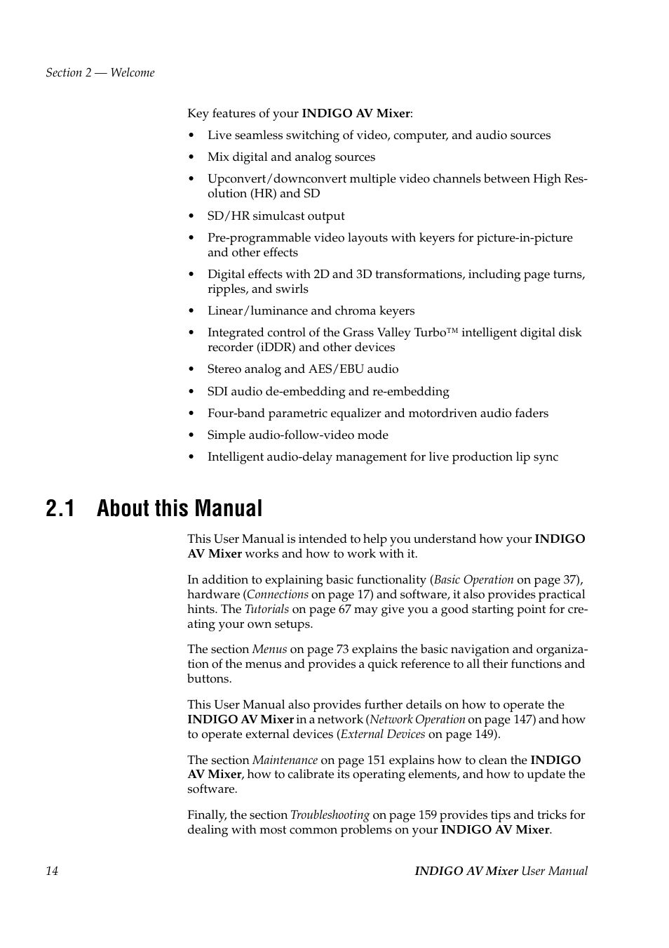 1 about this manual, About this manual | Grass Valley Indigo AV Mixer v.1.2.2 User Manual | Page 14 / 174