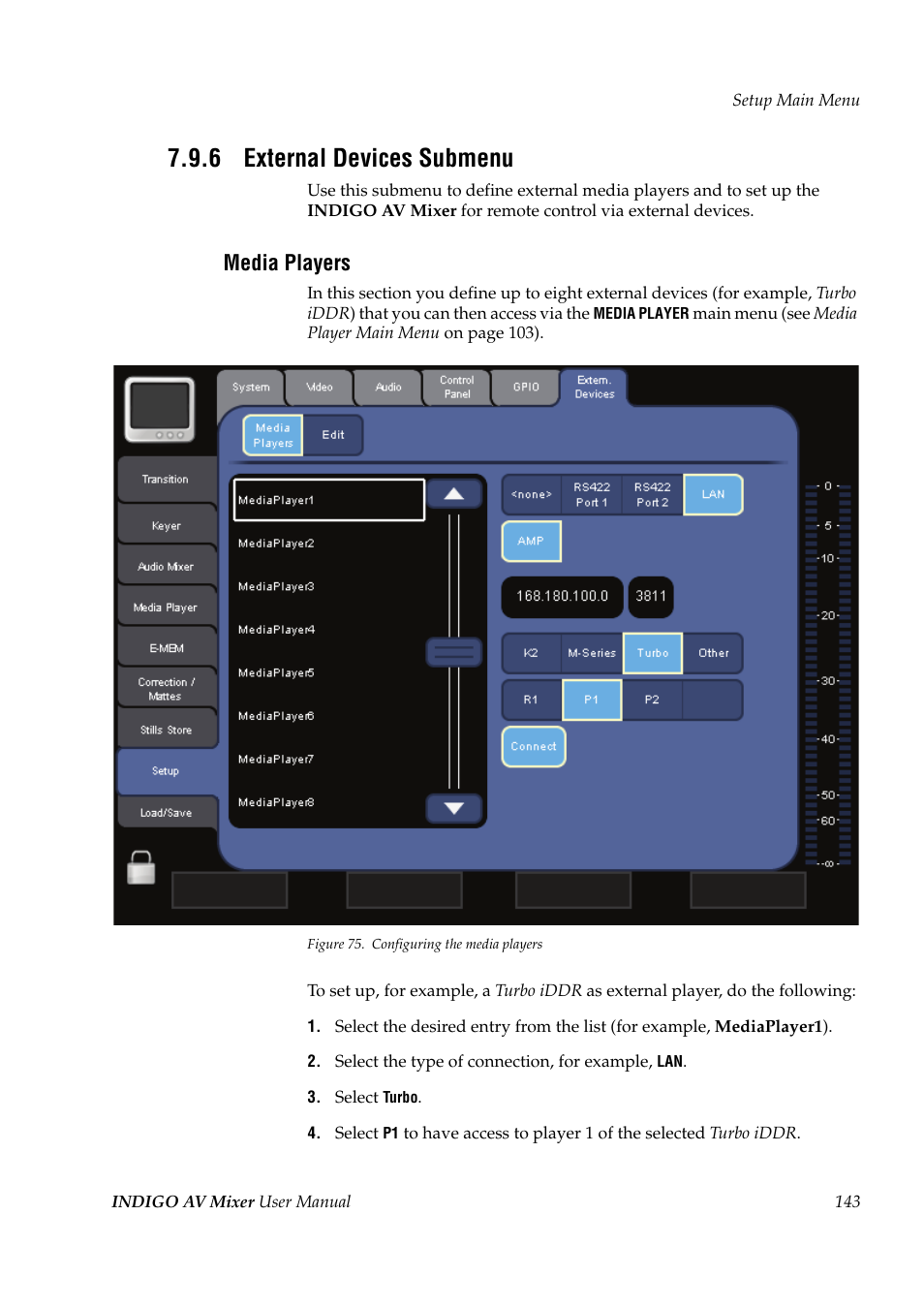 6 external devices submenu, External devices submenu, External devices submenu (configuration of | Media players | Grass Valley Indigo AV Mixer v.1.2.2 User Manual | Page 143 / 174