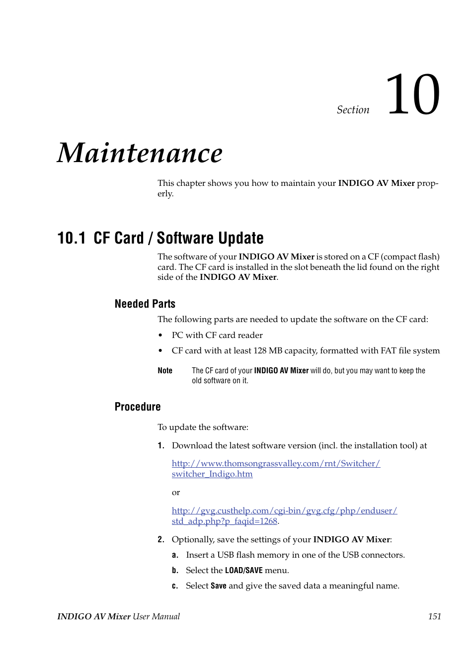 Maintenance, 1 cf card / software update, Section 10 — maintenance | Cf card / software update | Grass Valley Indigo AV Mixer v.1.2.2 User Manual | Page 151 / 174