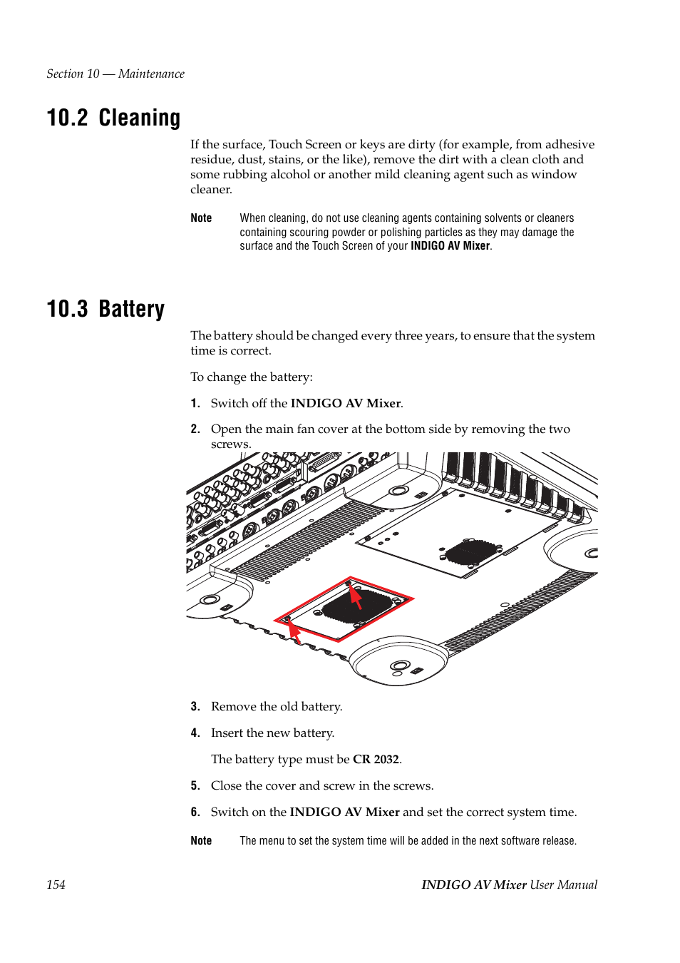 2 cleaning, 3 battery, Cleaning | Battery | Grass Valley Indigo AV Mixer v.1.2.2 User Manual | Page 154 / 174