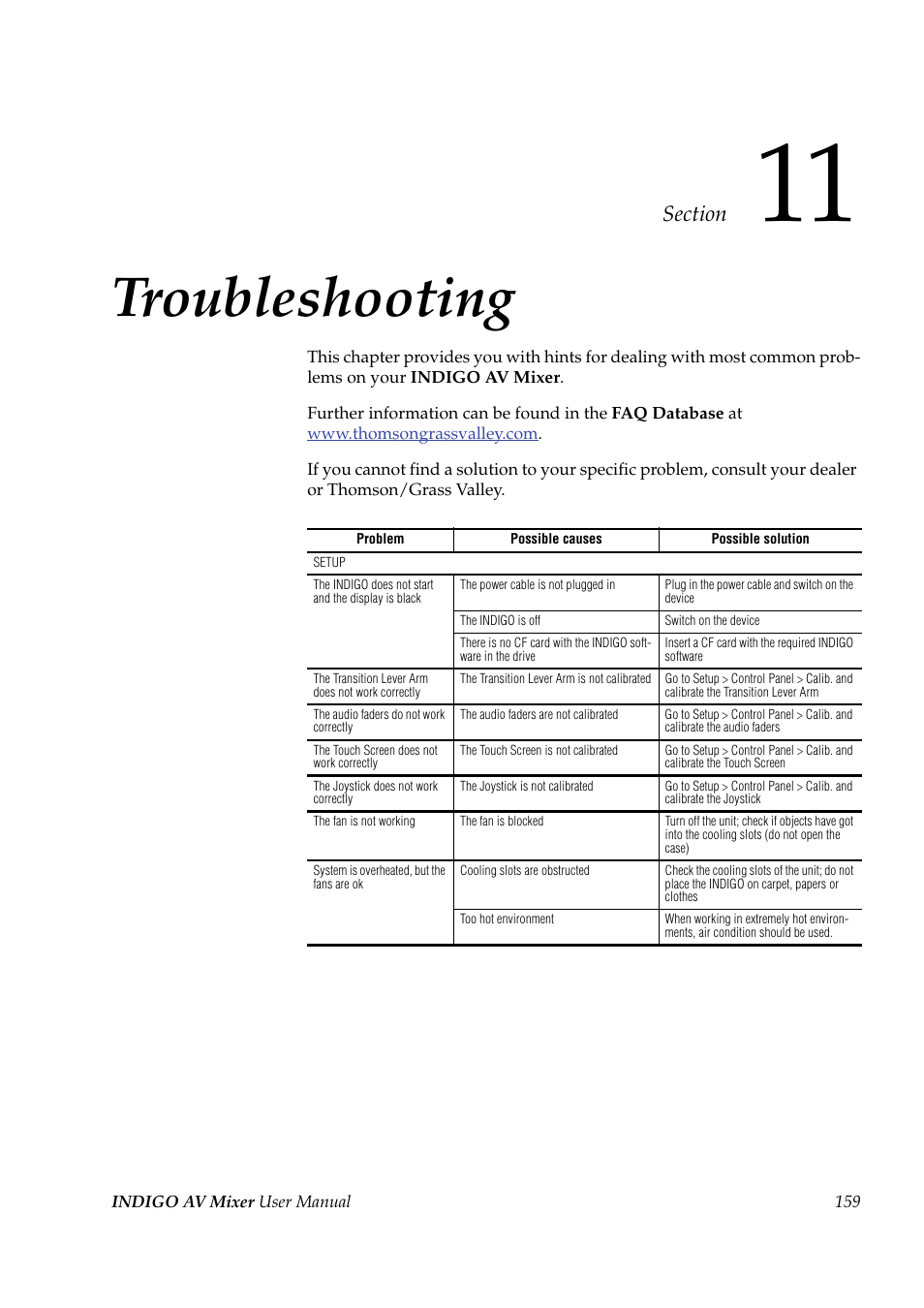 Troubleshooting, Section 11 — troubleshooting | Grass Valley Indigo AV Mixer v.1.2.2 User Manual | Page 159 / 174