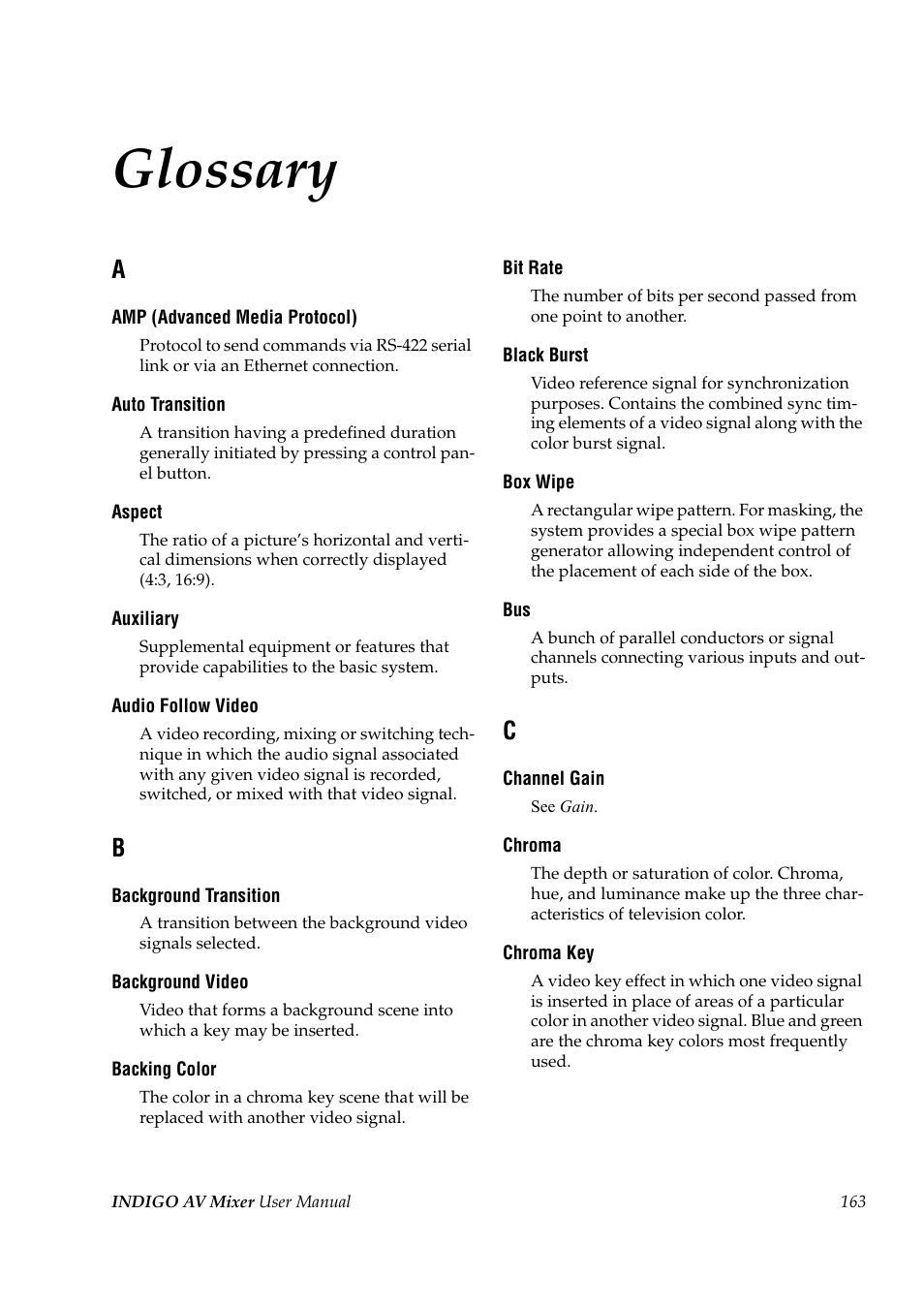 Glossary | Grass Valley Indigo AV Mixer v.1.2.2 User Manual | Page 163 / 174