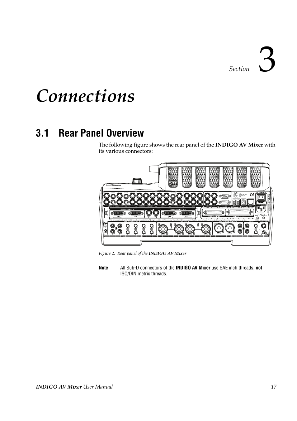 Connections, 1 rear panel overview, Section 3 — connections | Rear panel overview | Grass Valley Indigo AV Mixer v.1.2.2 User Manual | Page 17 / 174