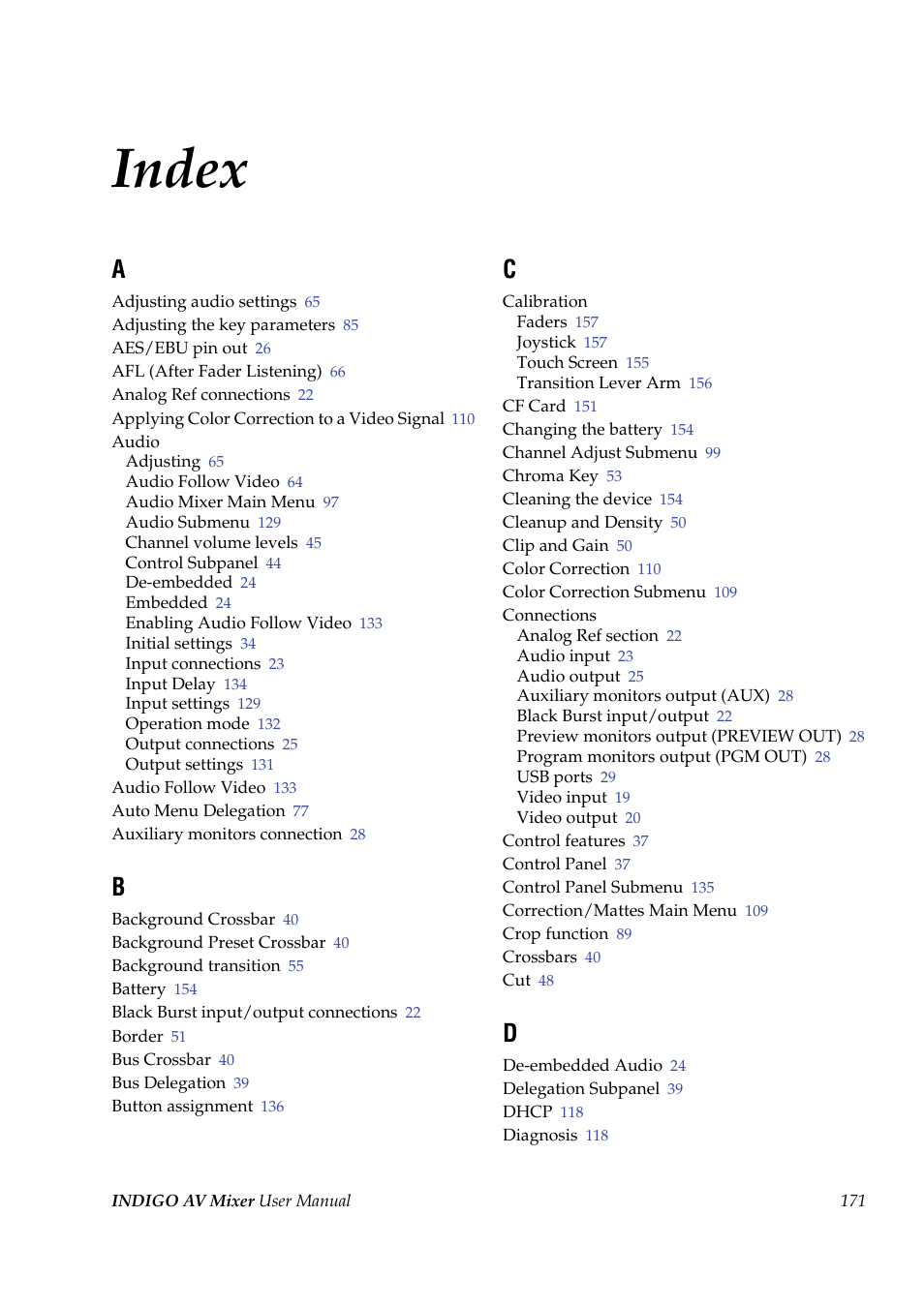Index | Grass Valley Indigo AV Mixer v.1.2.2 User Manual | Page 171 / 174