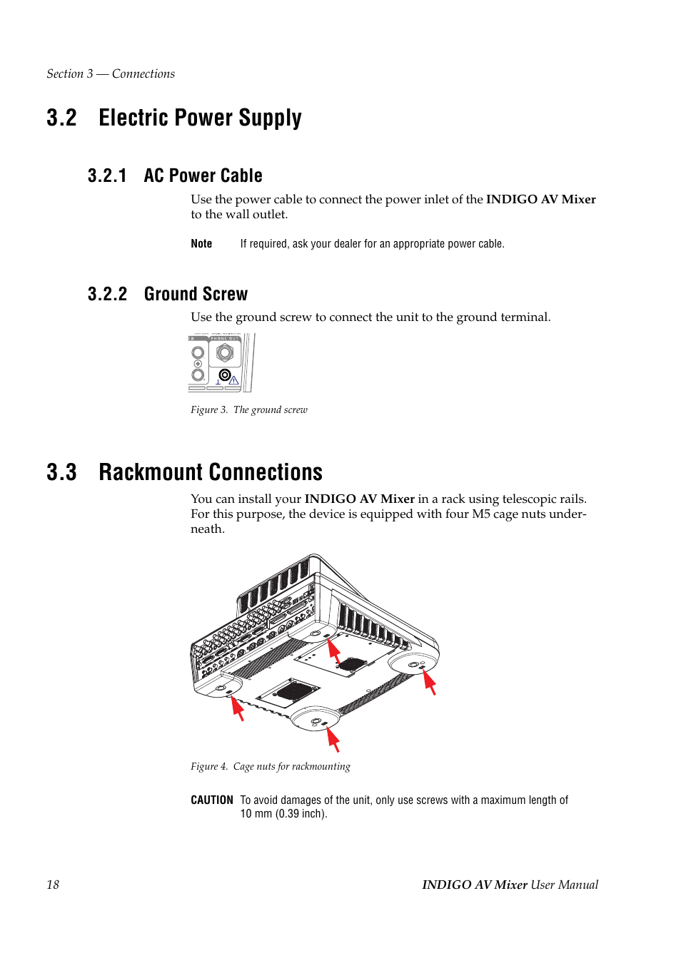 2 electric power supply, 1 ac power cable, 2 ground screw | 3 rackmount connections, Electric power supply, Ac power cable, Ground screw, Rackmount connections | Grass Valley Indigo AV Mixer v.1.2.2 User Manual | Page 18 / 174