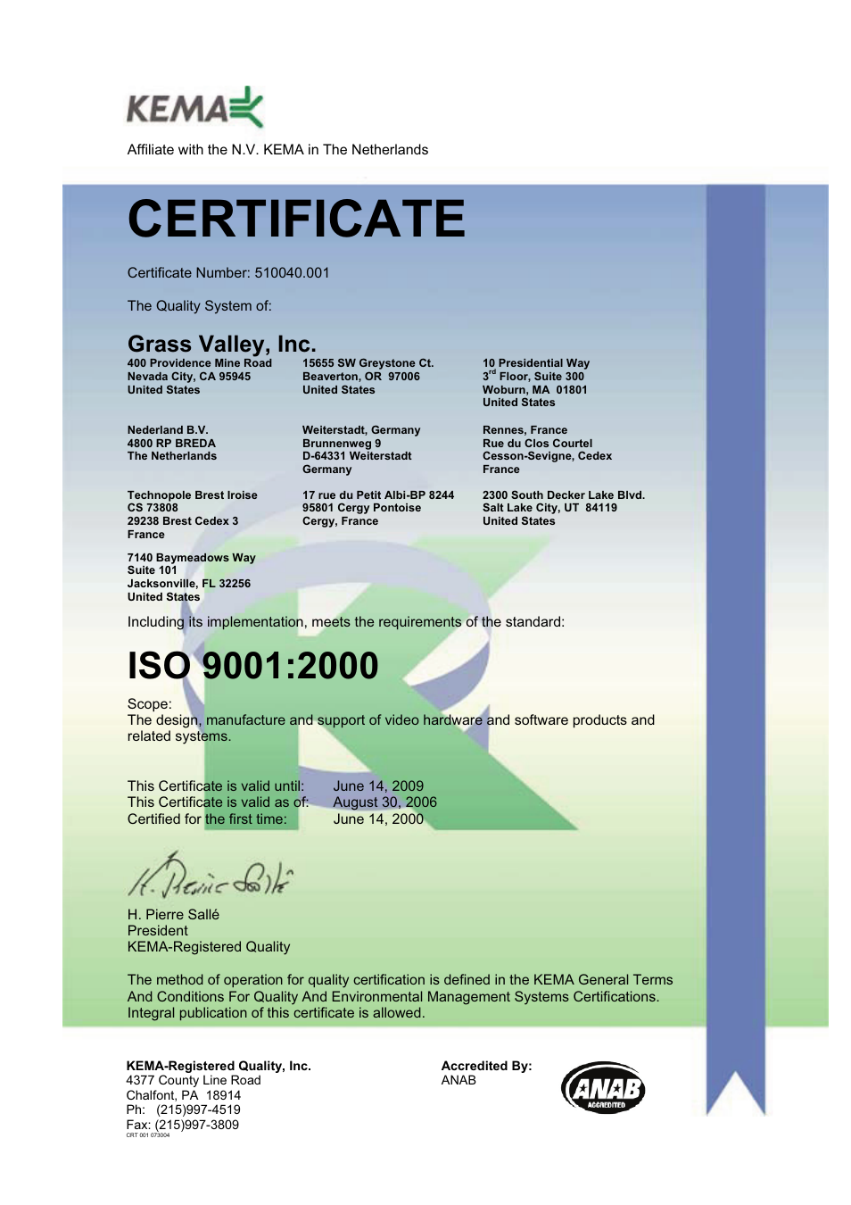 Certificate, Grass valley, inc | Grass Valley Indigo AV Mixer v.1.2.2 User Manual | Page 2 / 174
