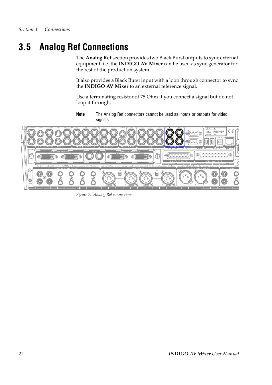 5 analog ref connections, Analog ref connections | Grass Valley Indigo AV Mixer v.1.2.2 User Manual | Page 22 / 174