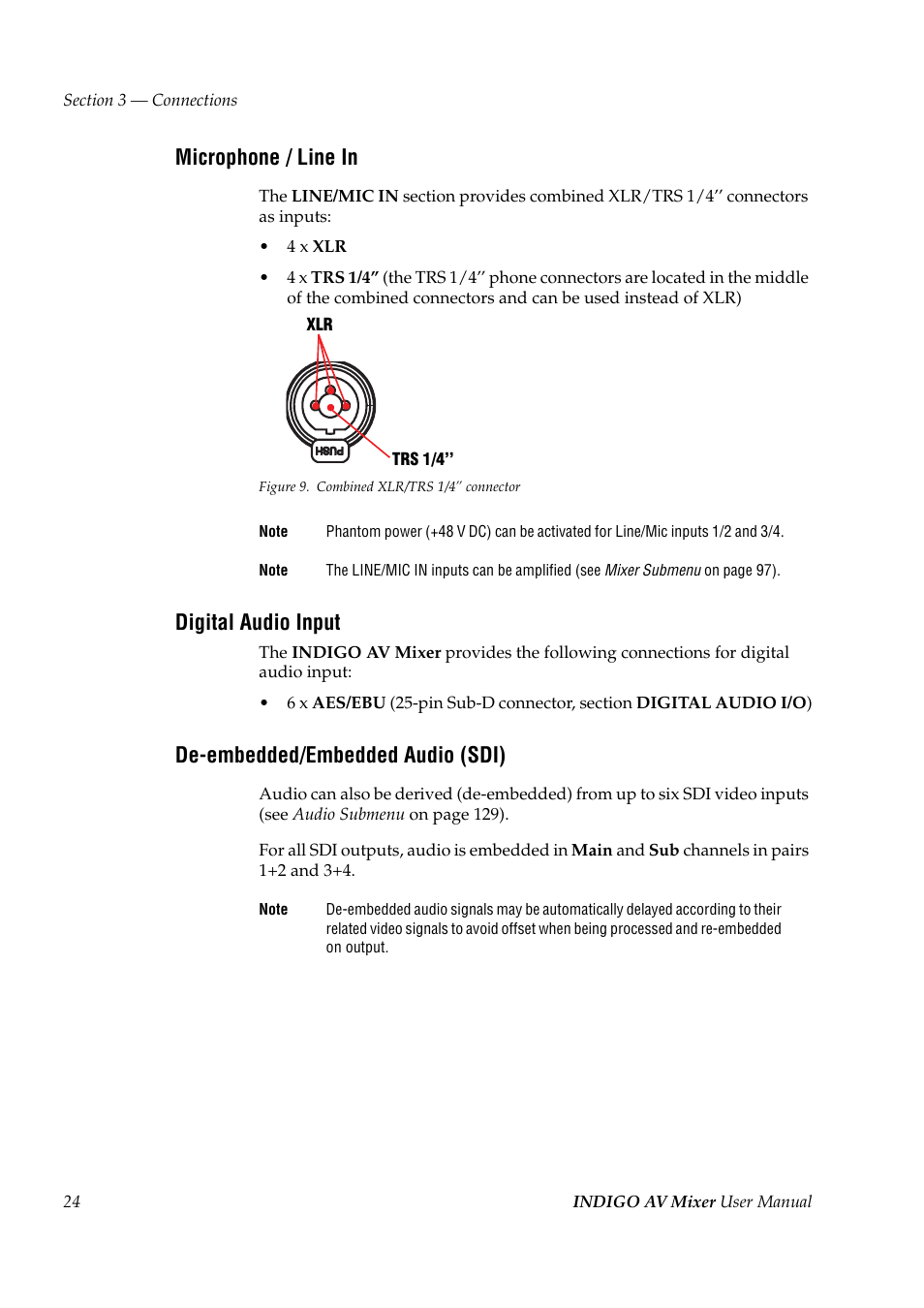 Microphone / line in, Digital audio input, De-embedded/embedded audio (sdi) | Grass Valley Indigo AV Mixer v.1.2.2 User Manual | Page 24 / 174