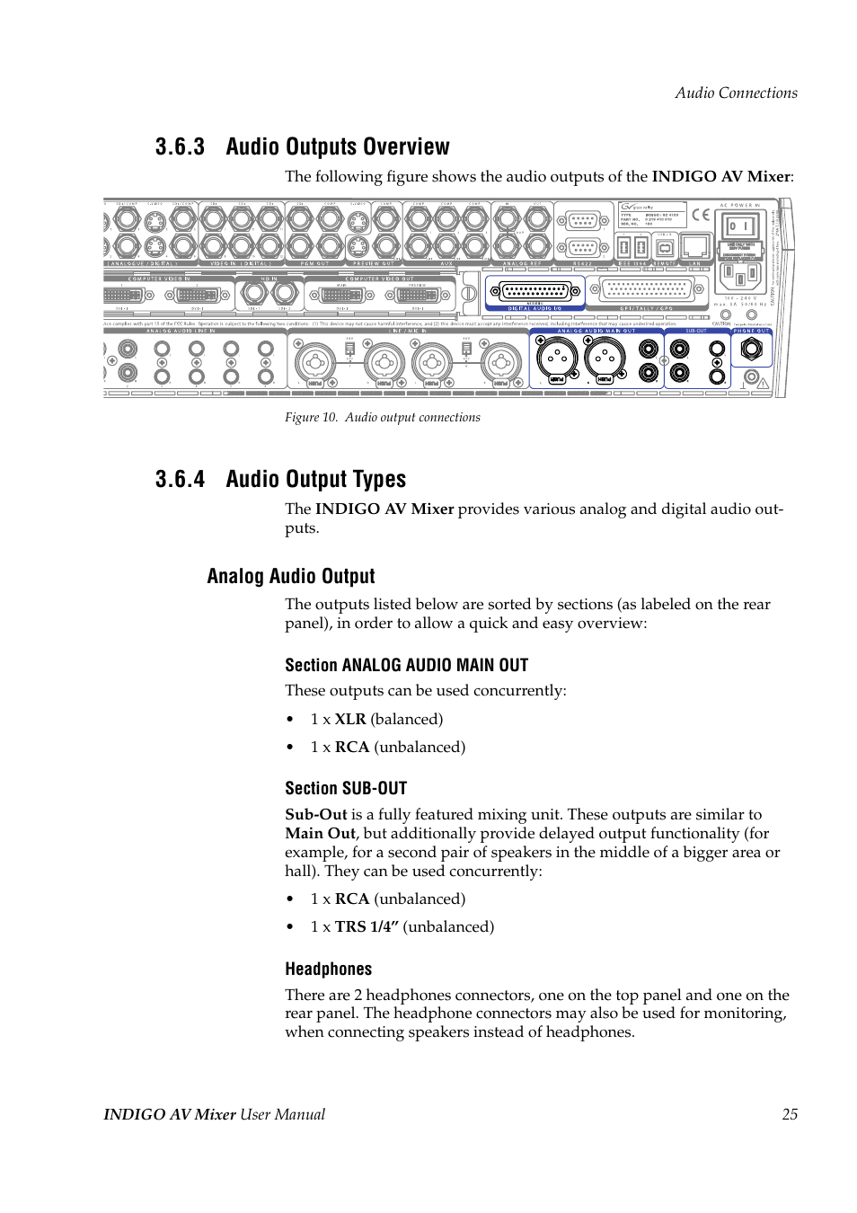 3 audio outputs overview, 4 audio output types, Audio outputs overview | Audio output types, Analog audio output | Grass Valley Indigo AV Mixer v.1.2.2 User Manual | Page 25 / 174
