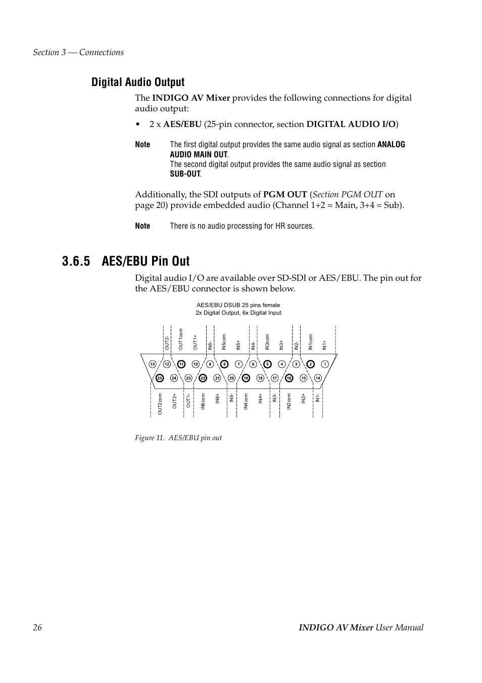 5 aes/ebu pin out, Aes/ebu pin out, Digital audio output | Grass Valley Indigo AV Mixer v.1.2.2 User Manual | Page 26 / 174