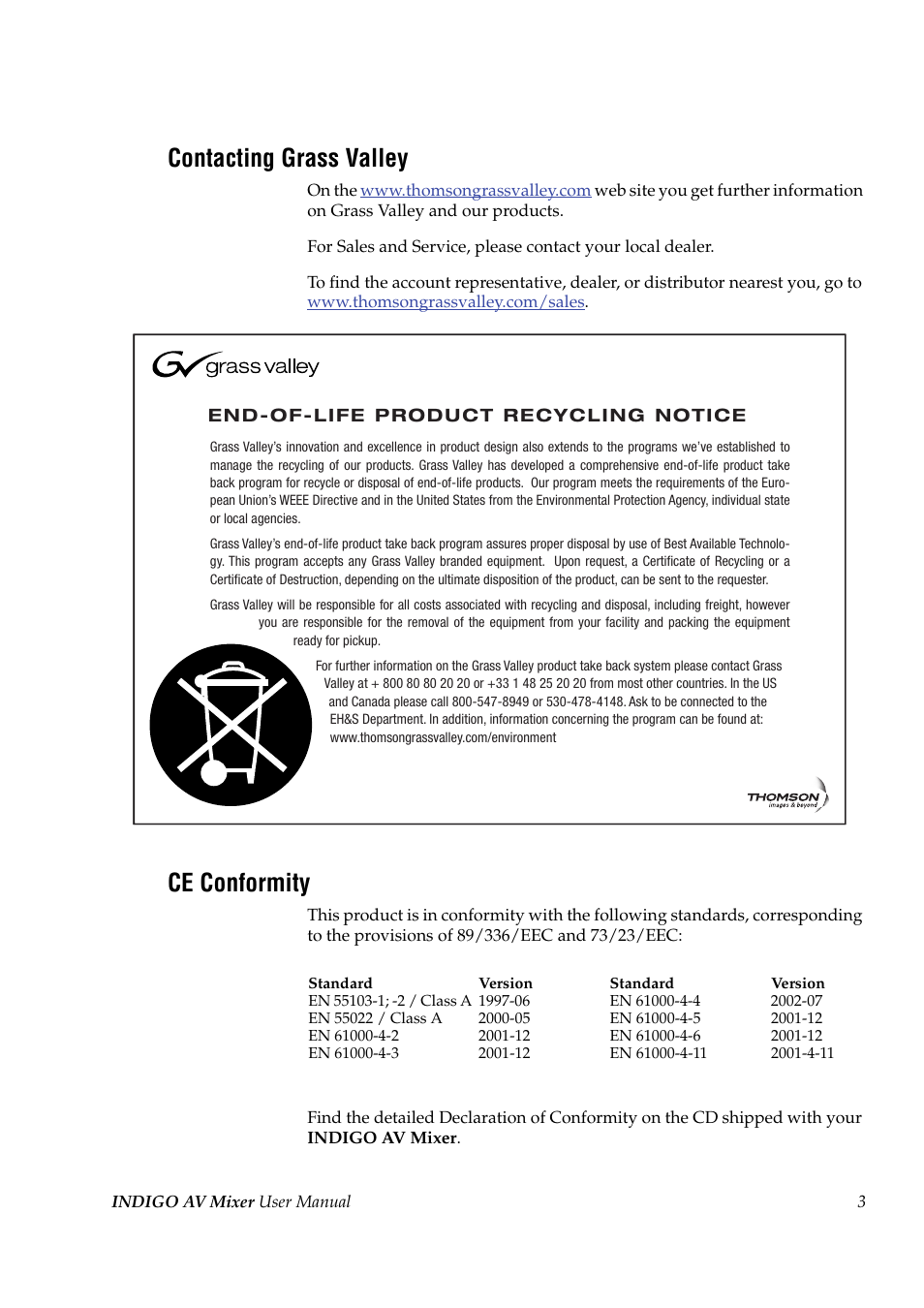 Contacting grass valley, Ce conformity | Grass Valley Indigo AV Mixer v.1.2.2 User Manual | Page 3 / 174