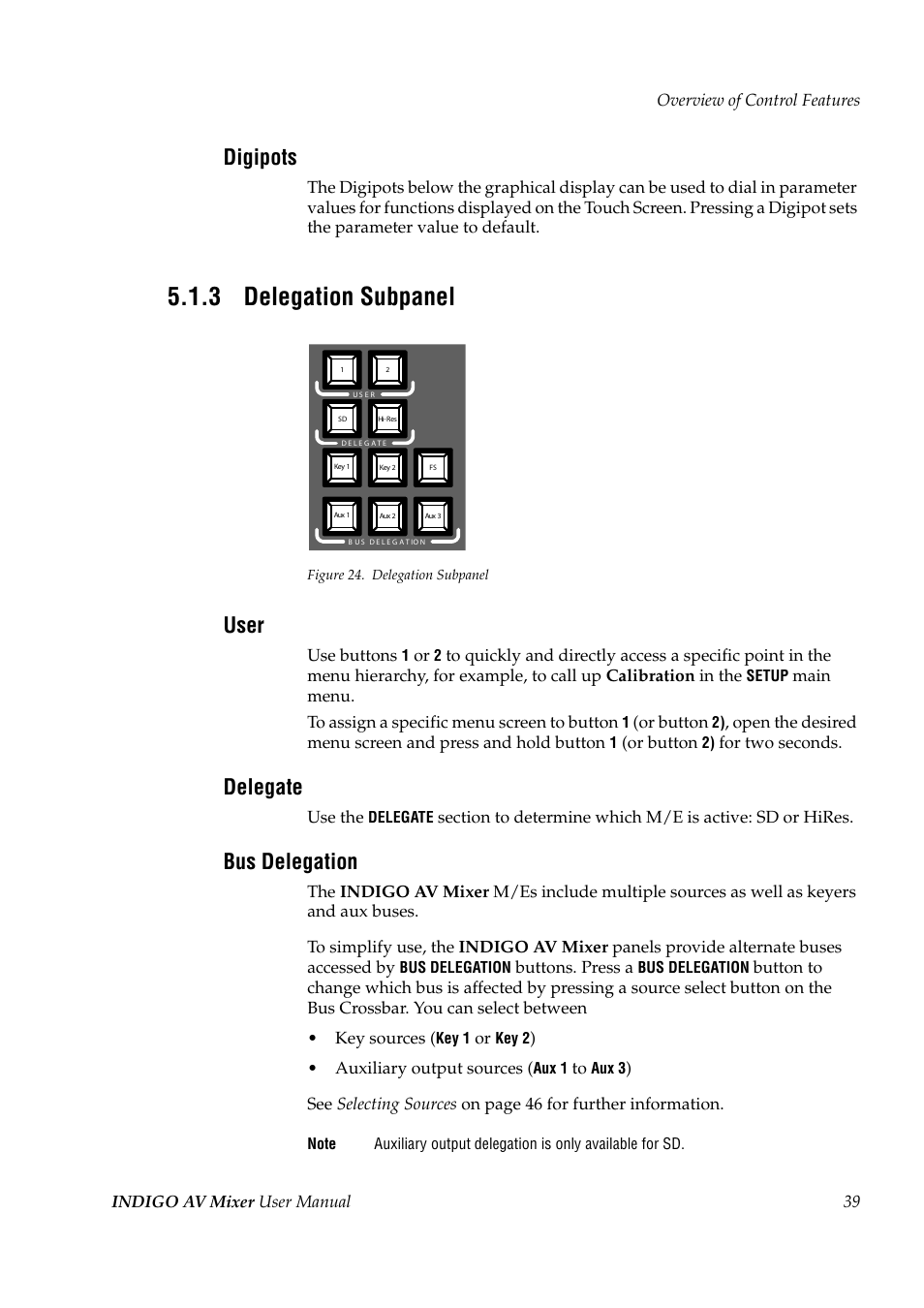 3 delegation subpanel, Delegation subpanel, Delegation subpanel (s | Digipots, User, Delegate, Bus delegation, Use buttons, Or button, For two seconds | Grass Valley Indigo AV Mixer v.1.2.2 User Manual | Page 39 / 174
