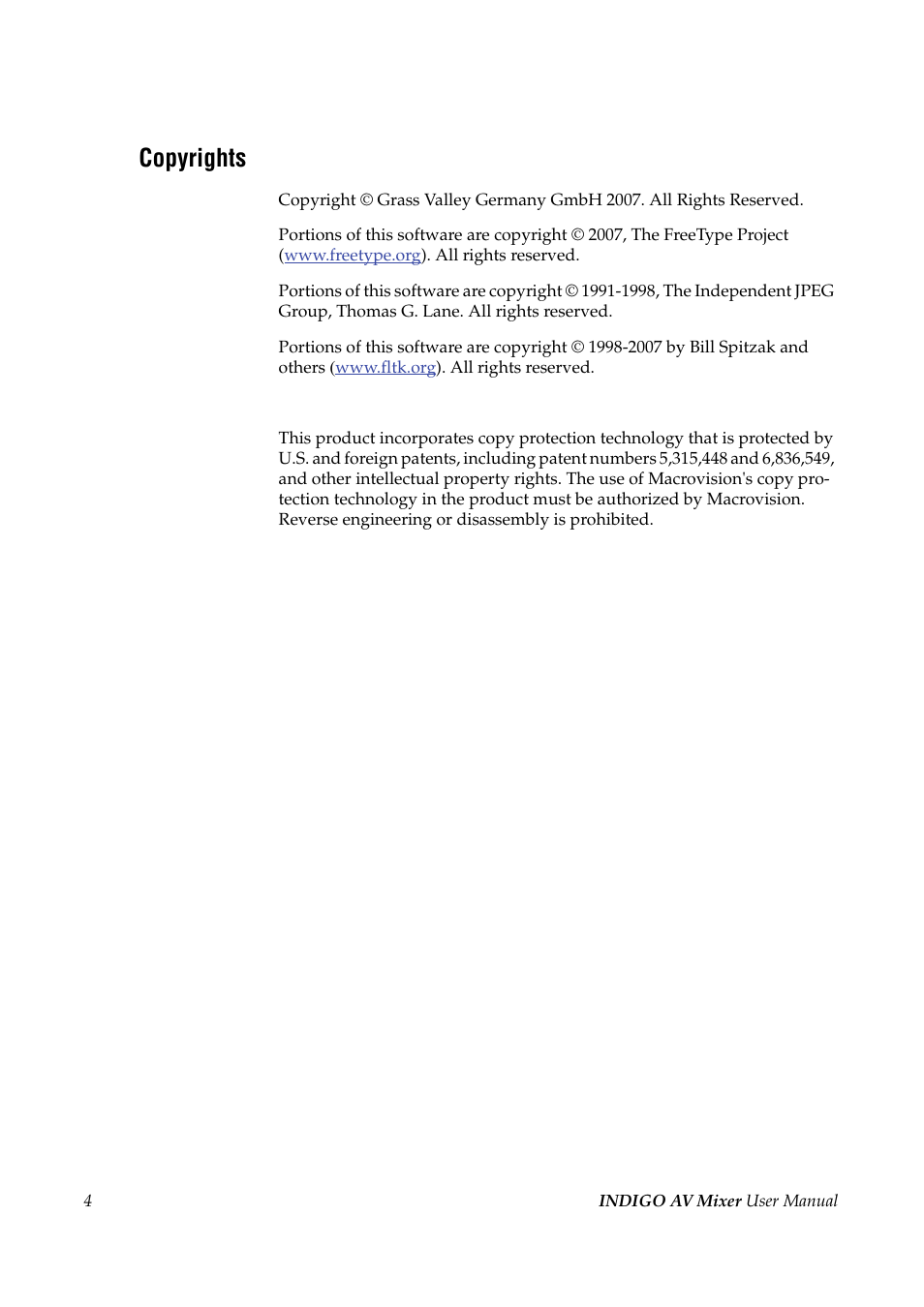 Copyrights | Grass Valley Indigo AV Mixer v.1.2.2 User Manual | Page 4 / 174