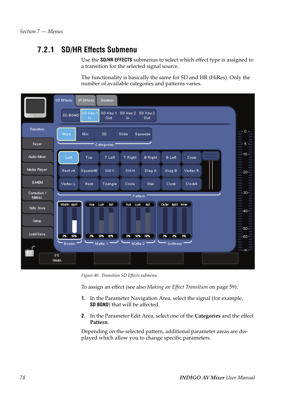 1 sd/hr effects submenu, Sd/hr effects submenu | Grass Valley Indigo AV Mixer v.1.2.2 User Manual | Page 78 / 174