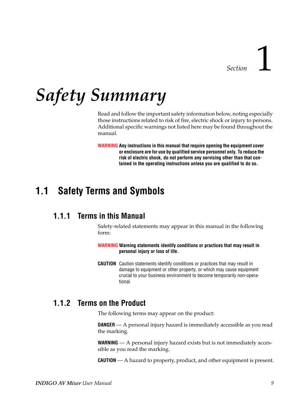 Safety summary, 1 safety terms and symbols, 1 terms in this manual | 2 terms on the product, Section 1 — safety summary, Safety terms and symbols, Terms in this manual, Terms on the product | Grass Valley Indigo AV Mixer v.1.2.2 User Manual | Page 9 / 174