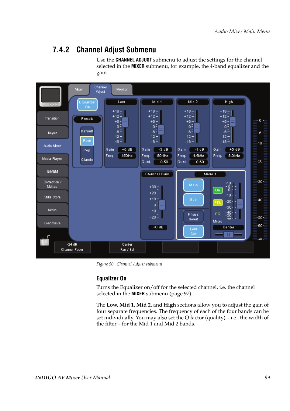 2 channel adjust submenu, Channel adjust submenu | Grass Valley Indigo AV Mixer v.1.2.2 User Manual | Page 99 / 174