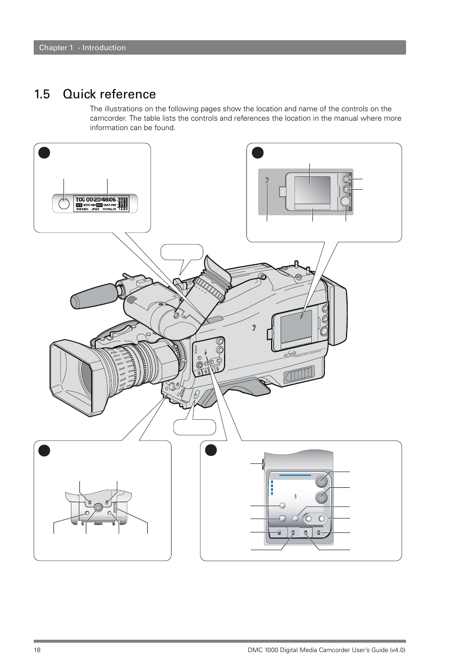 5 quick reference, Quick reference, Chapter 1 - introduction | Grass Valley DMC 1000 v.12.4 User Manual | Page 18 / 176