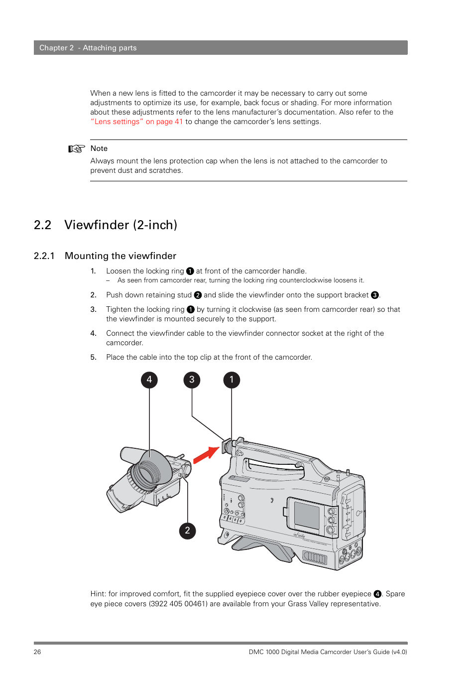 2 viewfinder (2-inch), 1 mounting the viewfinder, Viewfinder (2-inch) 2.2.1 | Mounting the viewfinder | Grass Valley DMC 1000 v.12.4 User Manual | Page 26 / 176