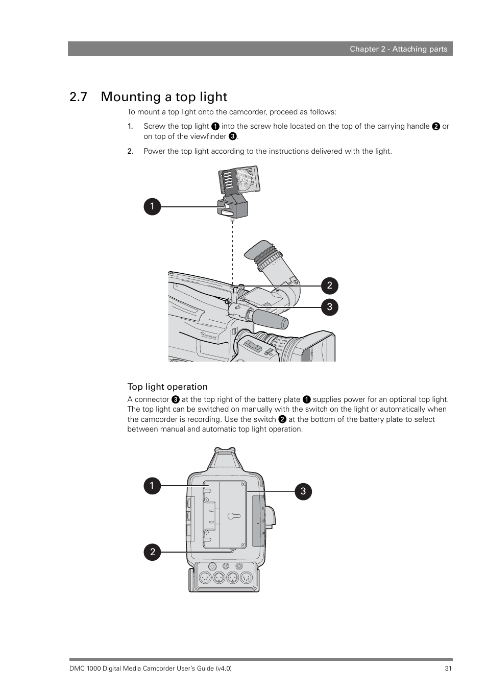 7 mounting a top light, Mounting a top light | Grass Valley DMC 1000 v.12.4 User Manual | Page 31 / 176