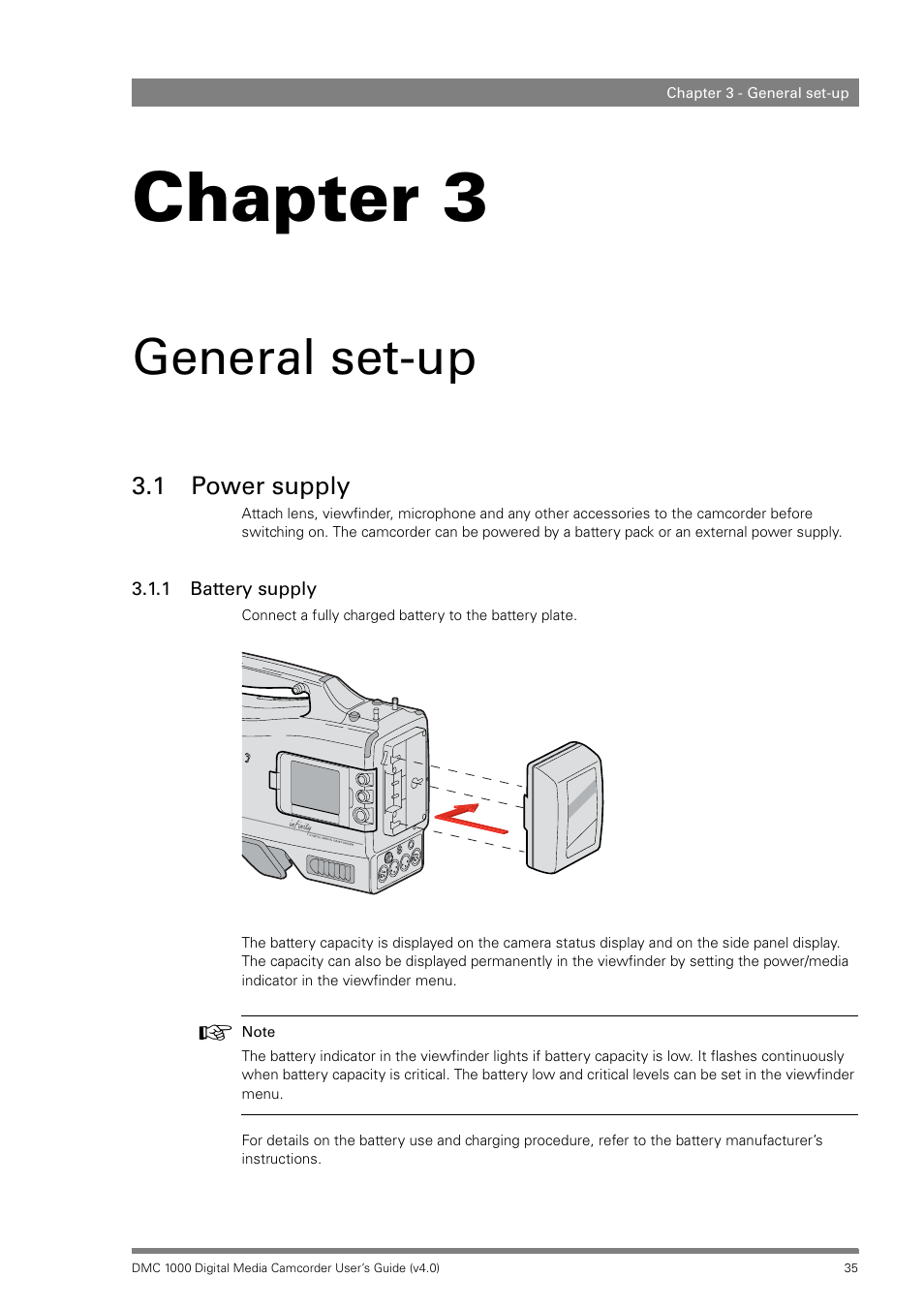 General set-up, 1 power supply, 1 battery supply | Chapter 3 – general set-up, Power supply 3.1.1, Battery supply, Chapter 3 | Grass Valley DMC 1000 v.12.4 User Manual | Page 35 / 176