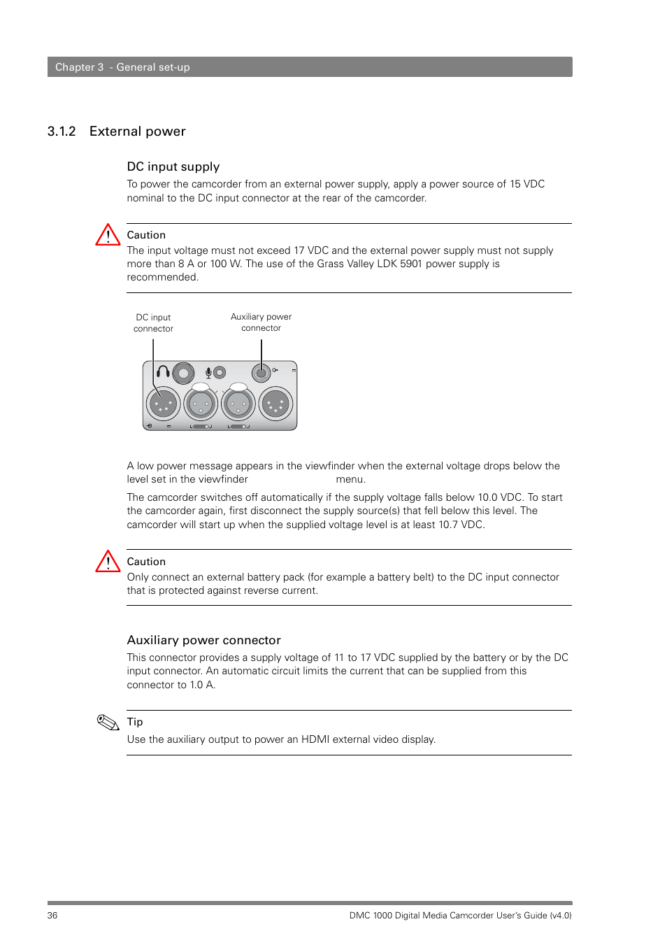 2 external power, External power, Dc input supply | Auxiliary power connector | Grass Valley DMC 1000 v.12.4 User Manual | Page 36 / 176