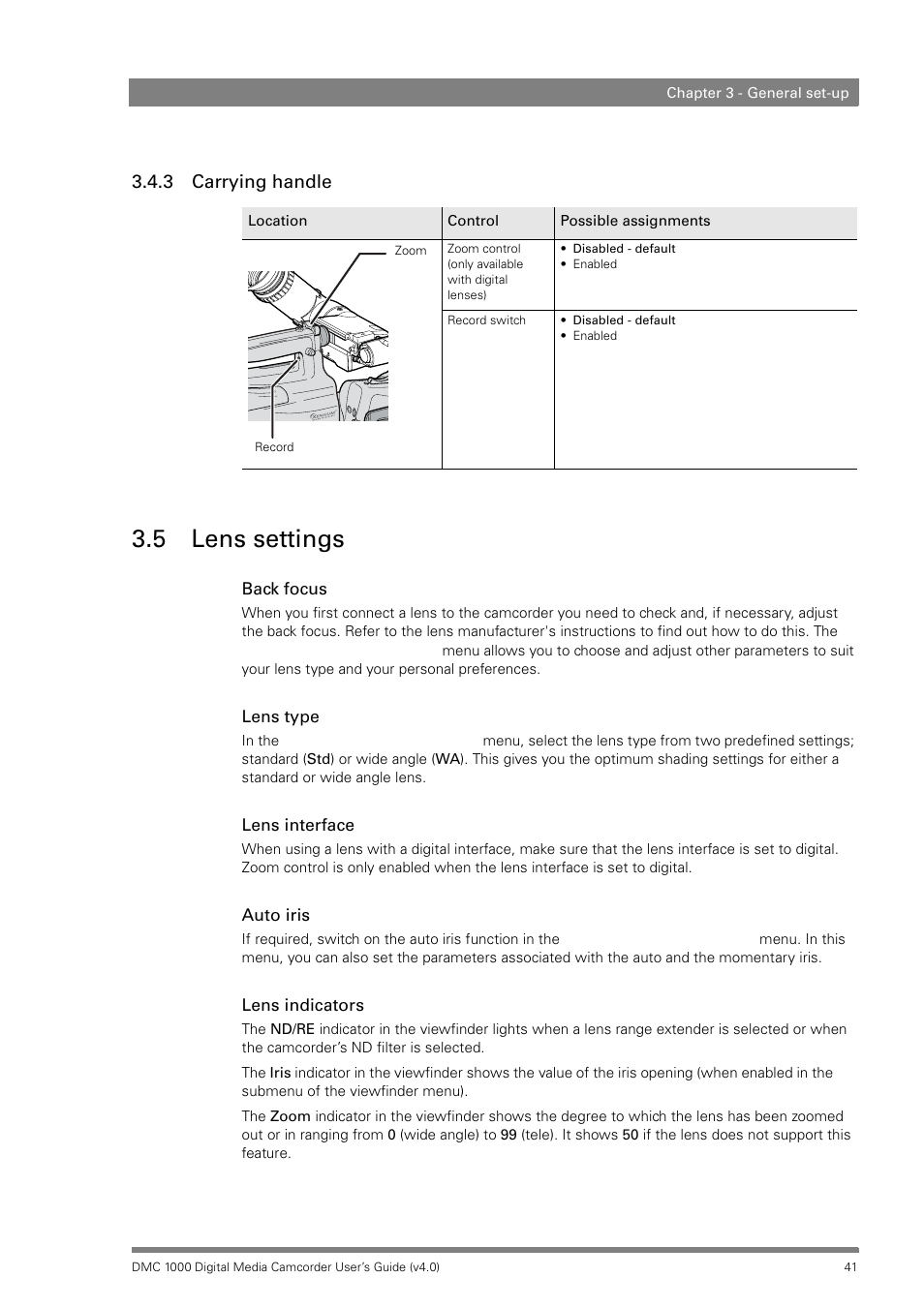 3 carrying handle, 5 lens settings, Carrying handle | Lens settings | Grass Valley DMC 1000 v.12.4 User Manual | Page 41 / 176