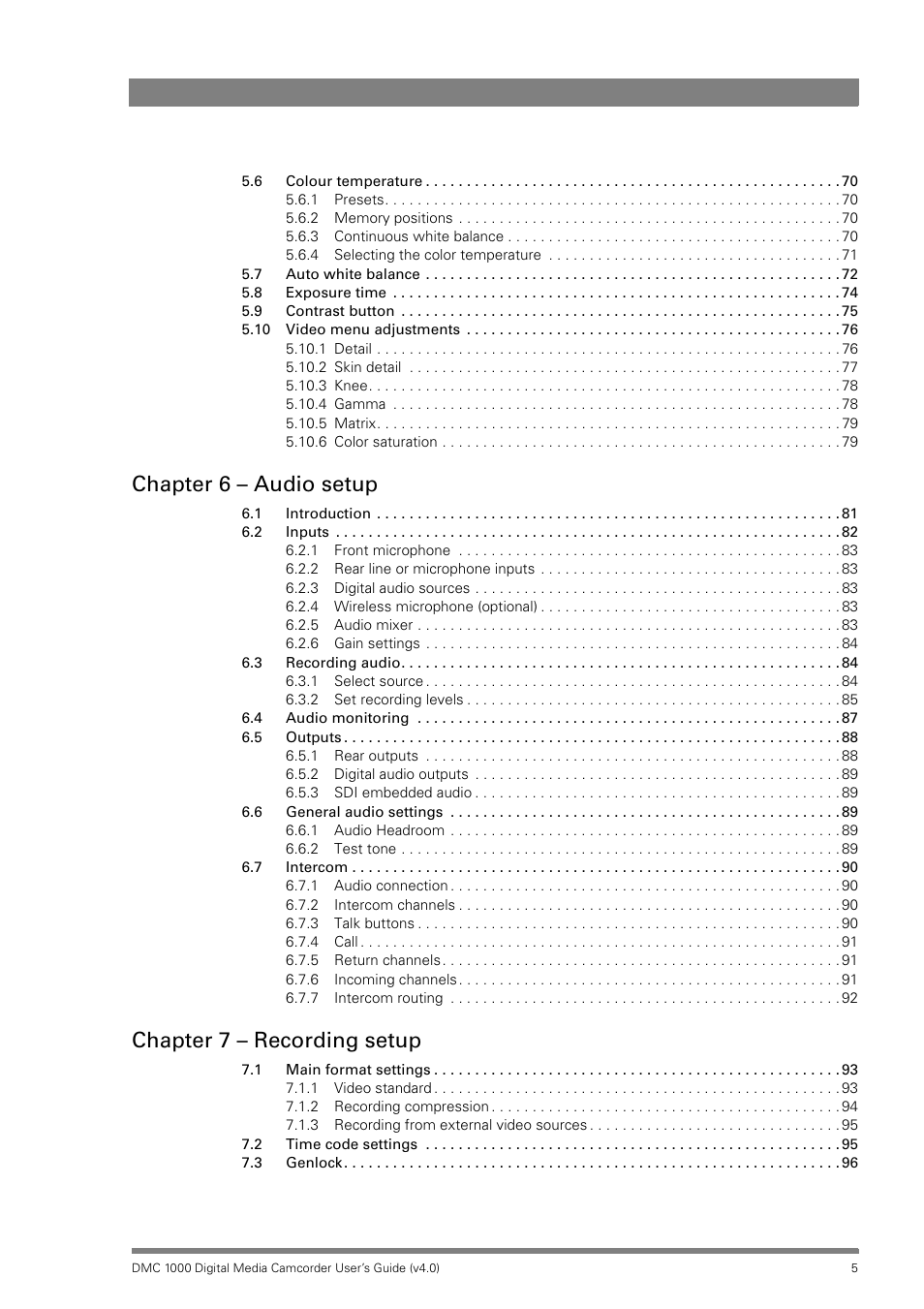 Chapter 6 – audio setup, Chapter 7 – recording setup | Grass Valley DMC 1000 v.12.4 User Manual | Page 5 / 176