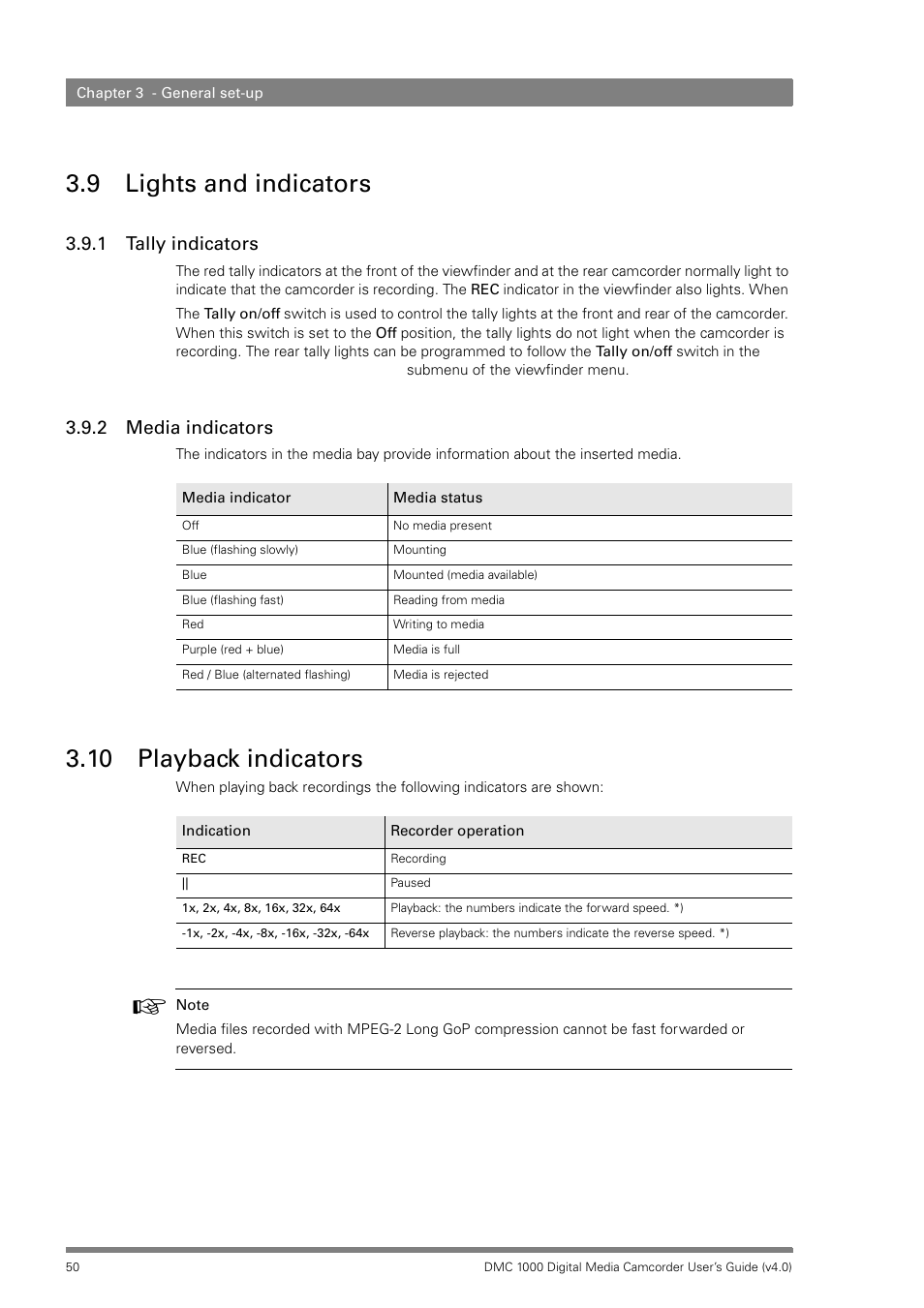 9 lights and indicators, 1 tally indicators, 2 media indicators | 10 playback indicators, Lights and indicators 3.9.1, Tally indicators, Media indicators, Playback indicators | Grass Valley DMC 1000 v.12.4 User Manual | Page 50 / 176