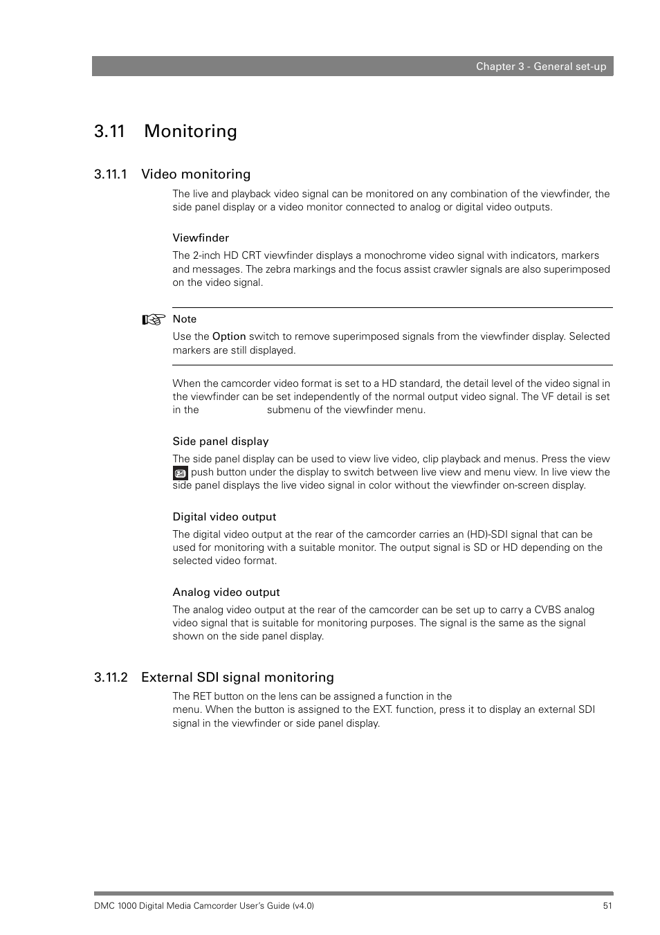 11 monitoring, 1 video monitoring, 2 external sdi signal monitoring | Grass Valley DMC 1000 v.12.4 User Manual | Page 51 / 176