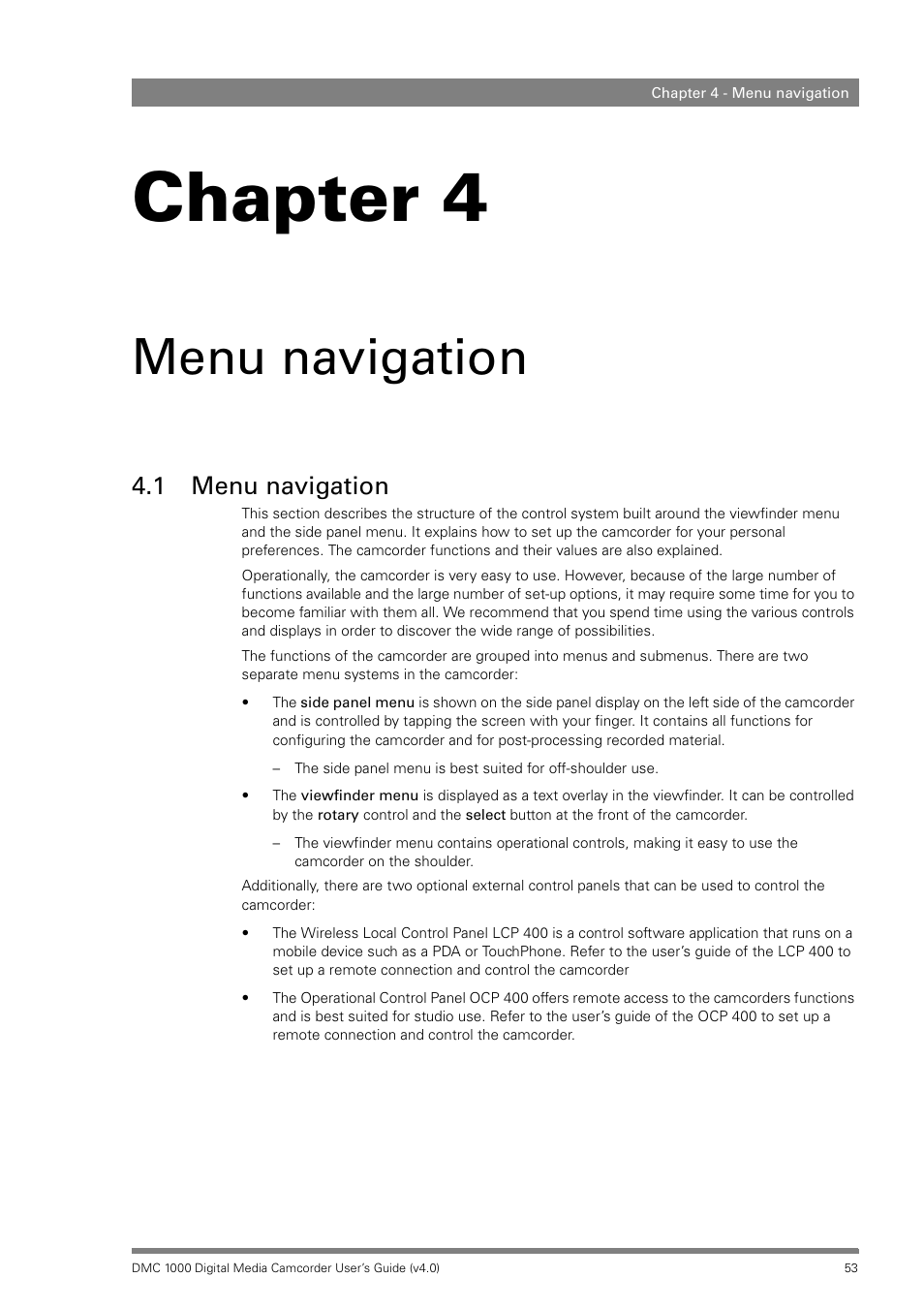 Menu navigation, 1 menu navigation, Chapter 4 – menu navigation | Chapter 4 | Grass Valley DMC 1000 v.12.4 User Manual | Page 53 / 176