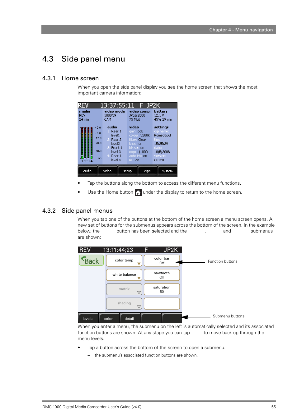 3 side panel menu, 1 home screen, 2 side panel menus | Side panel menu 4.3.1, Home screen, Side panel menus, Back | Grass Valley DMC 1000 v.12.4 User Manual | Page 55 / 176