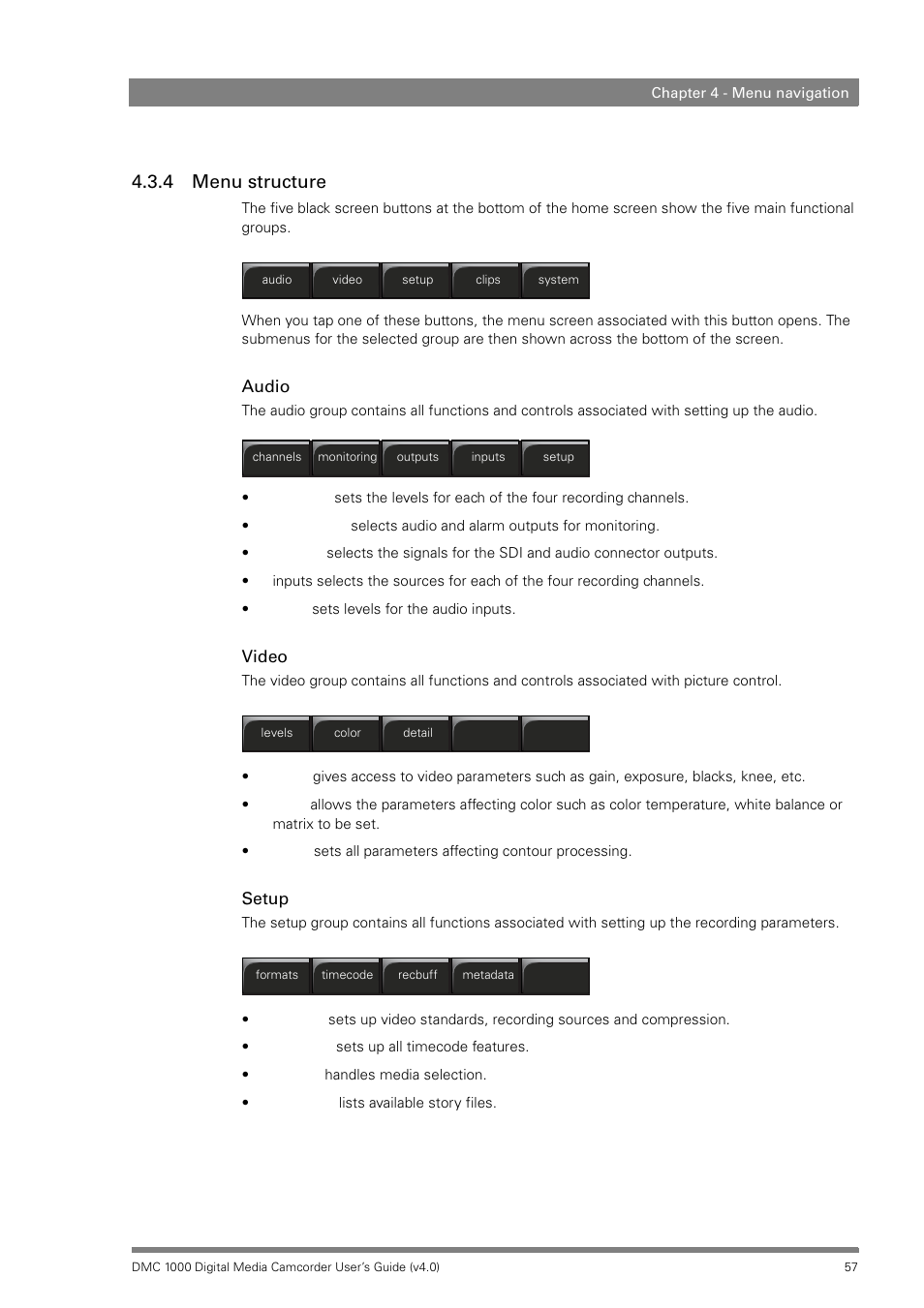 4 menu structure, Menu structure | Grass Valley DMC 1000 v.12.4 User Manual | Page 57 / 176