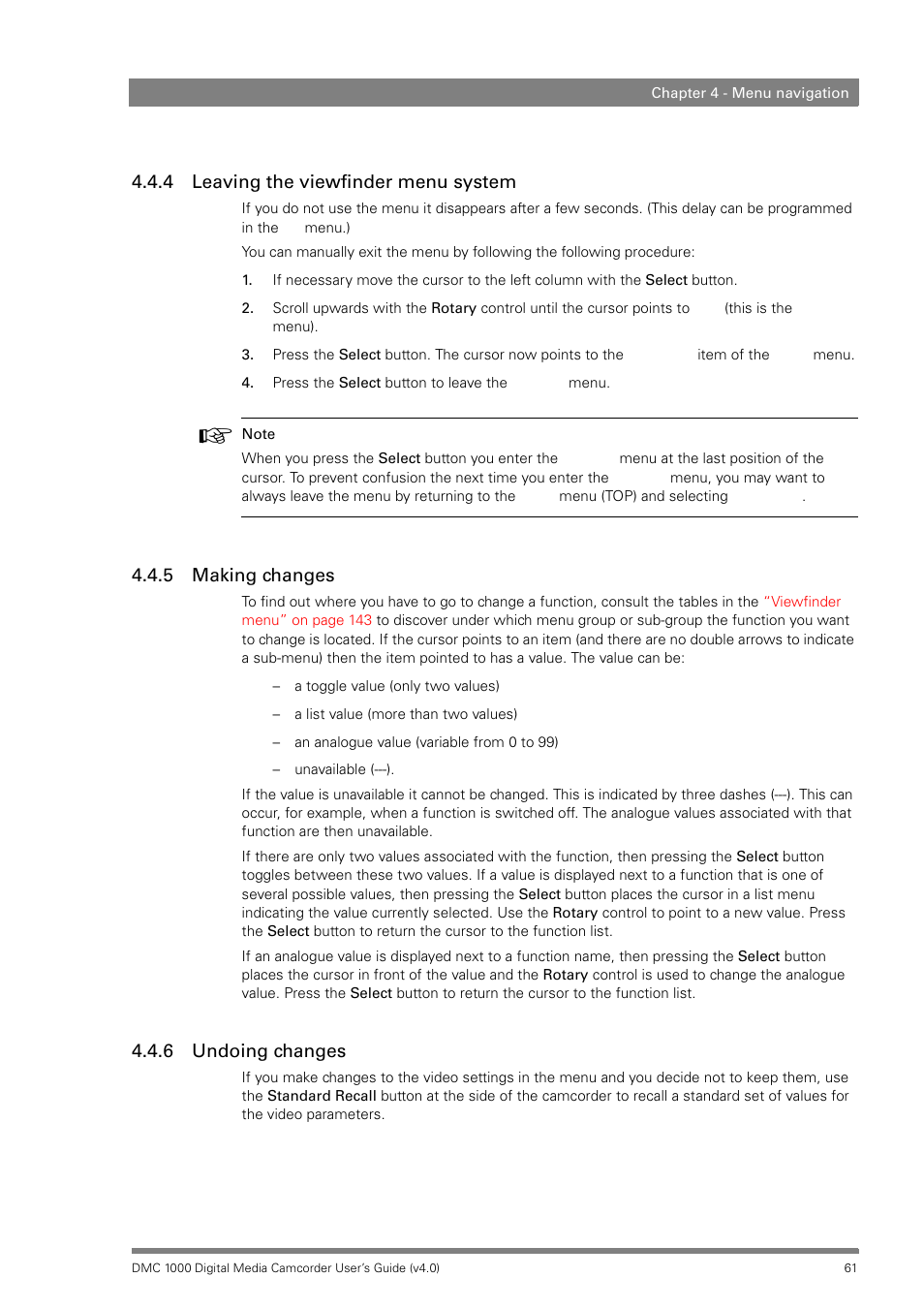 4 leaving the viewfinder menu system, 5 making changes, 6 undoing changes | Leaving the viewfinder menu system, Making changes, Undoing changes | Grass Valley DMC 1000 v.12.4 User Manual | Page 61 / 176