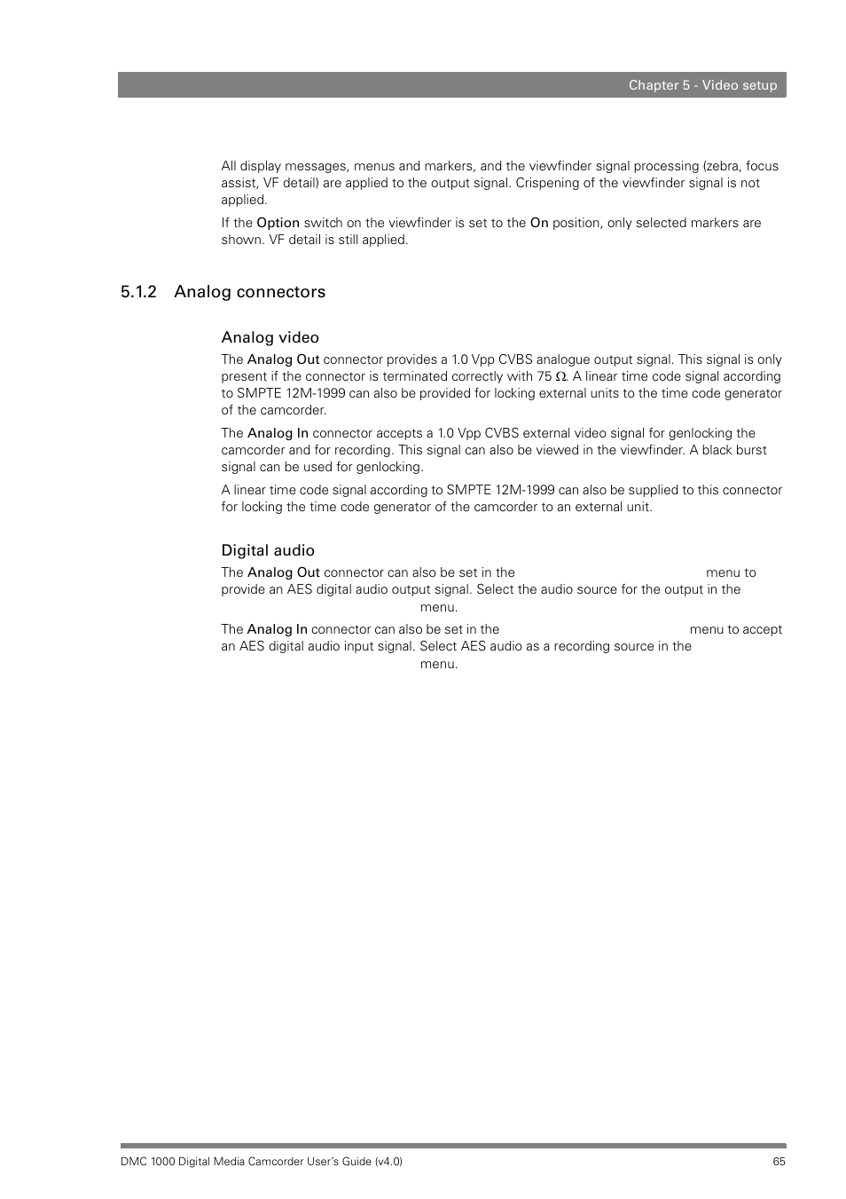 2 analog connectors, Analog connectors | Grass Valley DMC 1000 v.12.4 User Manual | Page 65 / 176