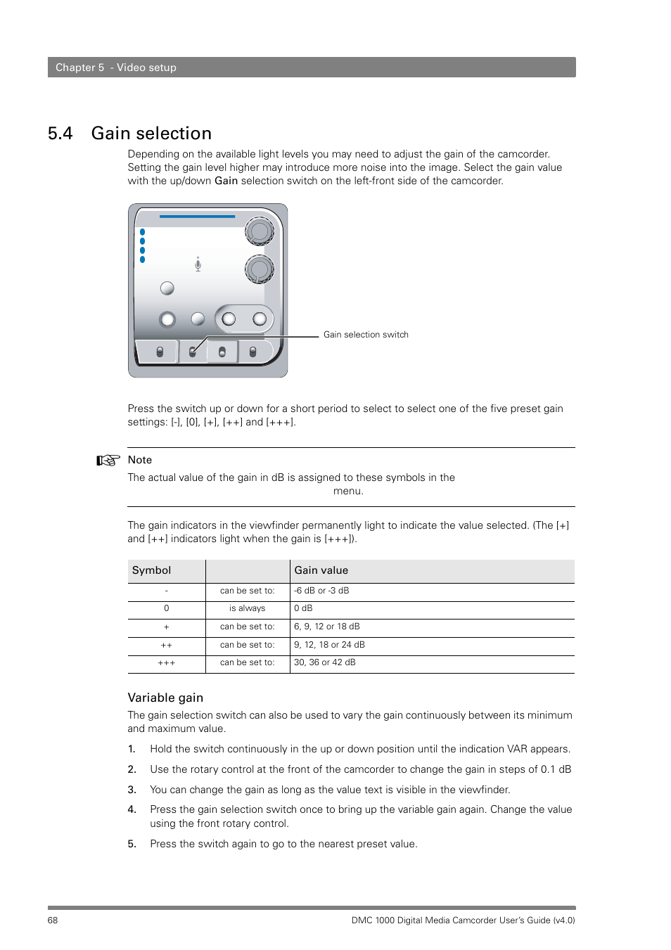 4 gain selection, Gain selection, Variable gain | Grass Valley DMC 1000 v.12.4 User Manual | Page 68 / 176