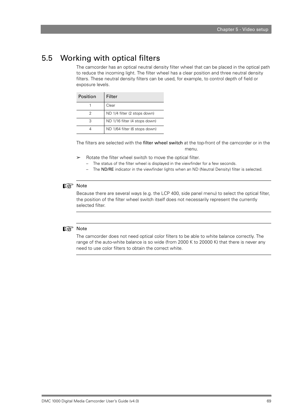 5 working with optical filters, Working with optical filters | Grass Valley DMC 1000 v.12.4 User Manual | Page 69 / 176