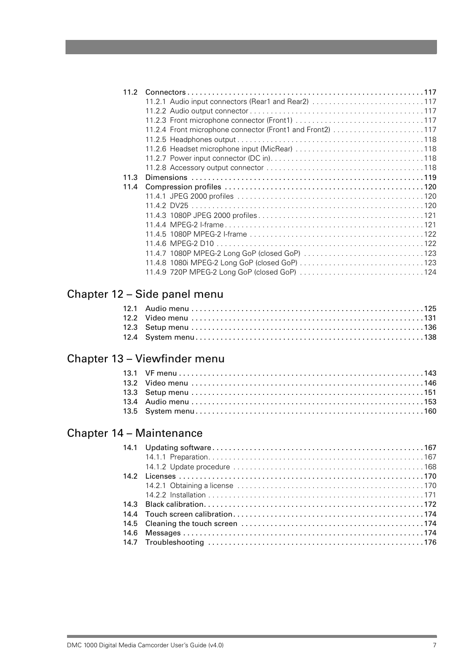 Chapter 12 – side panel menu, Chapter 13 – viewfinder menu, Chapter 14 – maintenance | Grass Valley DMC 1000 v.12.4 User Manual | Page 7 / 176