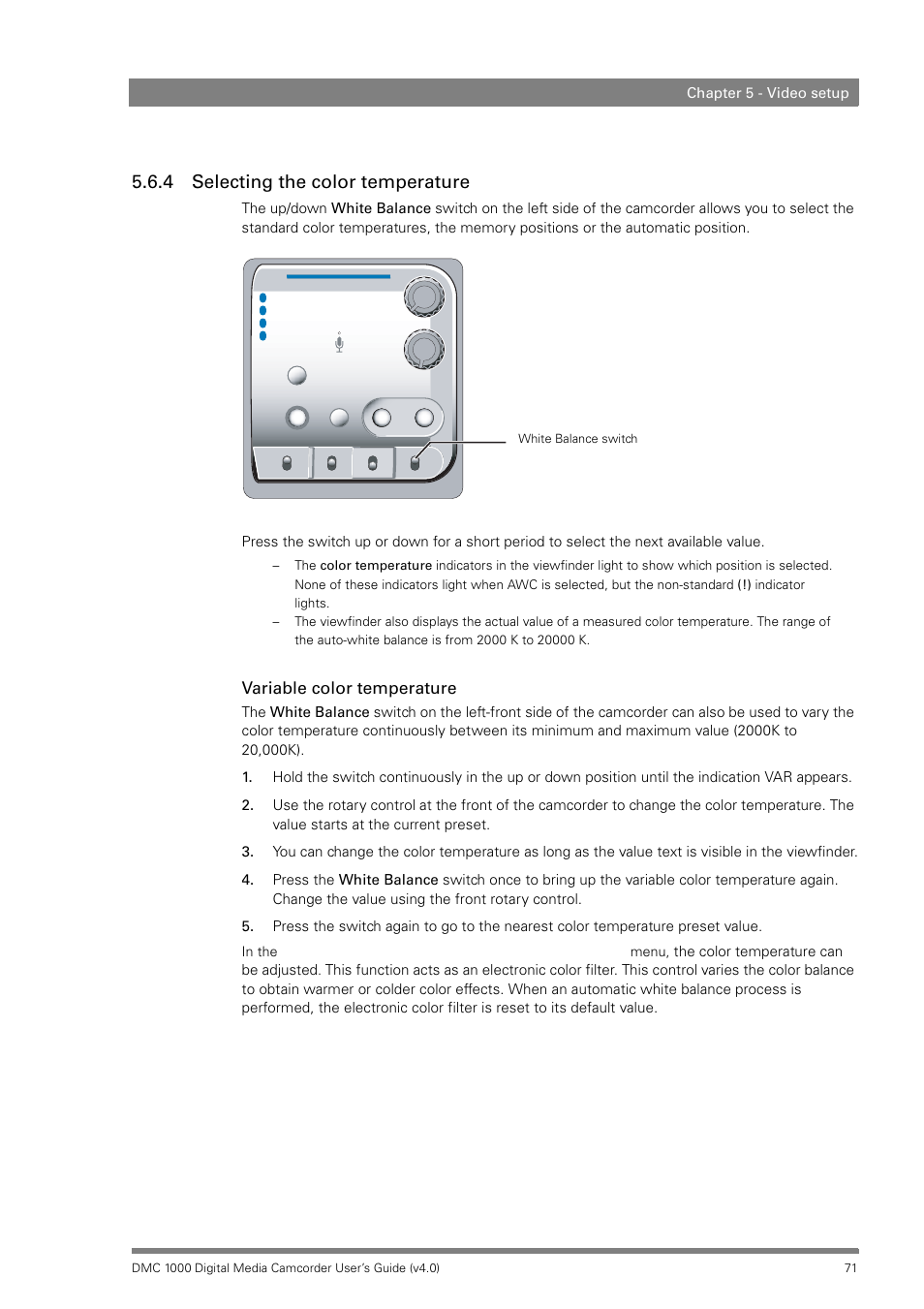 4 selecting the color temperature, Selecting the color temperature, Variable color temperature | Grass Valley DMC 1000 v.12.4 User Manual | Page 71 / 176