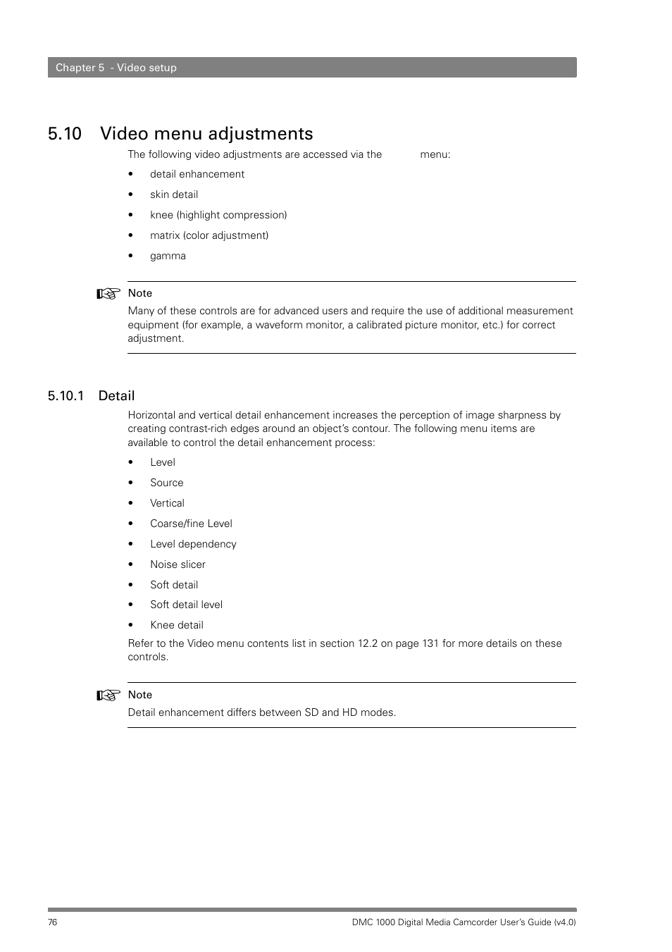10 video menu adjustments, 1 detail, Video menu adjustments 5.10.1 detail | Grass Valley DMC 1000 v.12.4 User Manual | Page 76 / 176