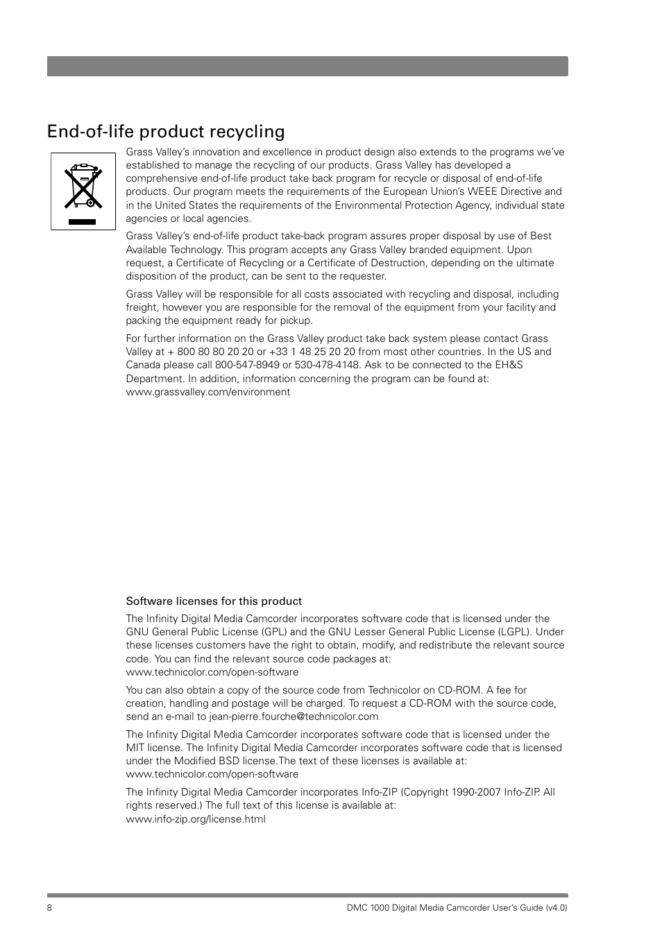 End-of-life product recycling | Grass Valley DMC 1000 v.12.4 User Manual | Page 8 / 176