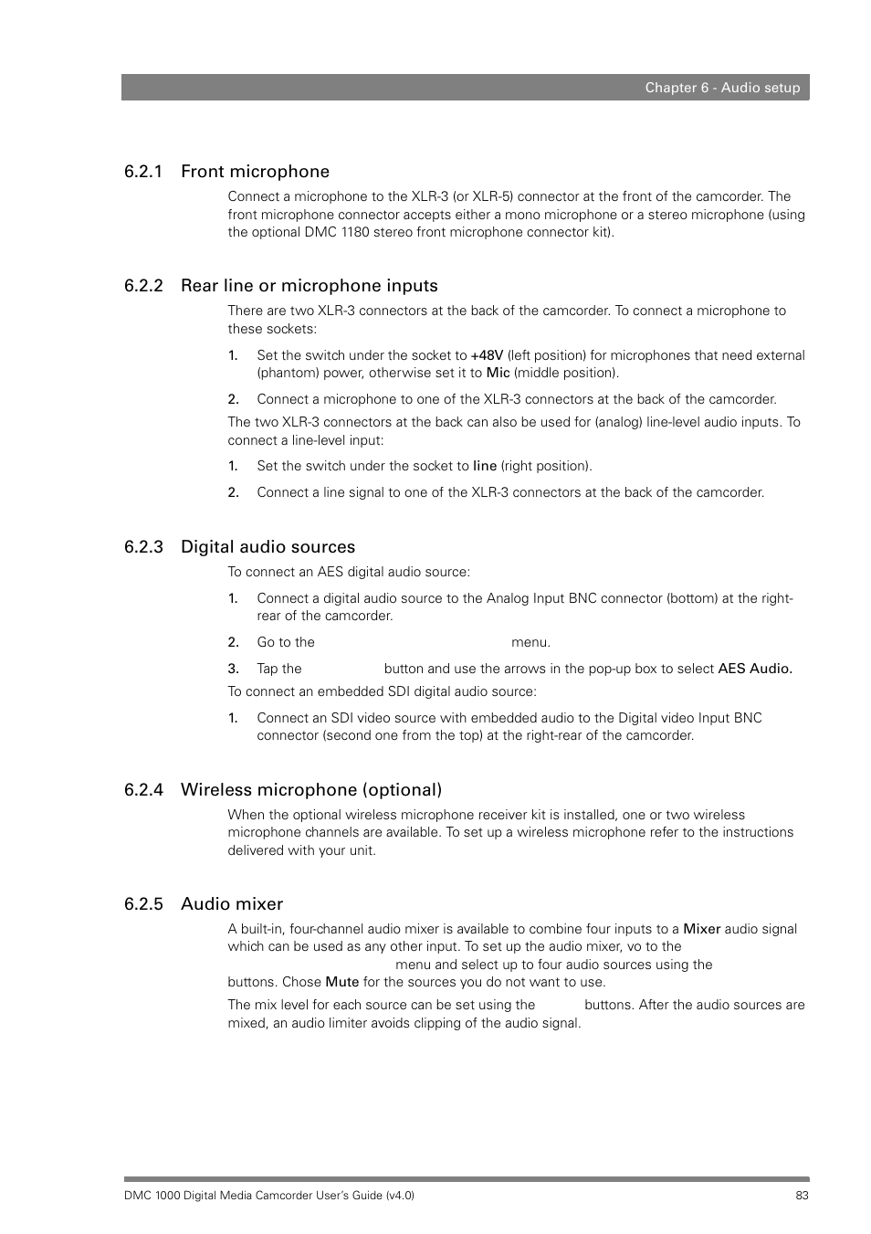 1 front microphone, 2 rear line or microphone inputs, 3 digital audio sources | 4 wireless microphone (optional), 5 audio mixer, Front microphone, Rear line or microphone inputs, Digital audio sources, Wireless microphone (optional), Audio mixer | Grass Valley DMC 1000 v.12.4 User Manual | Page 83 / 176