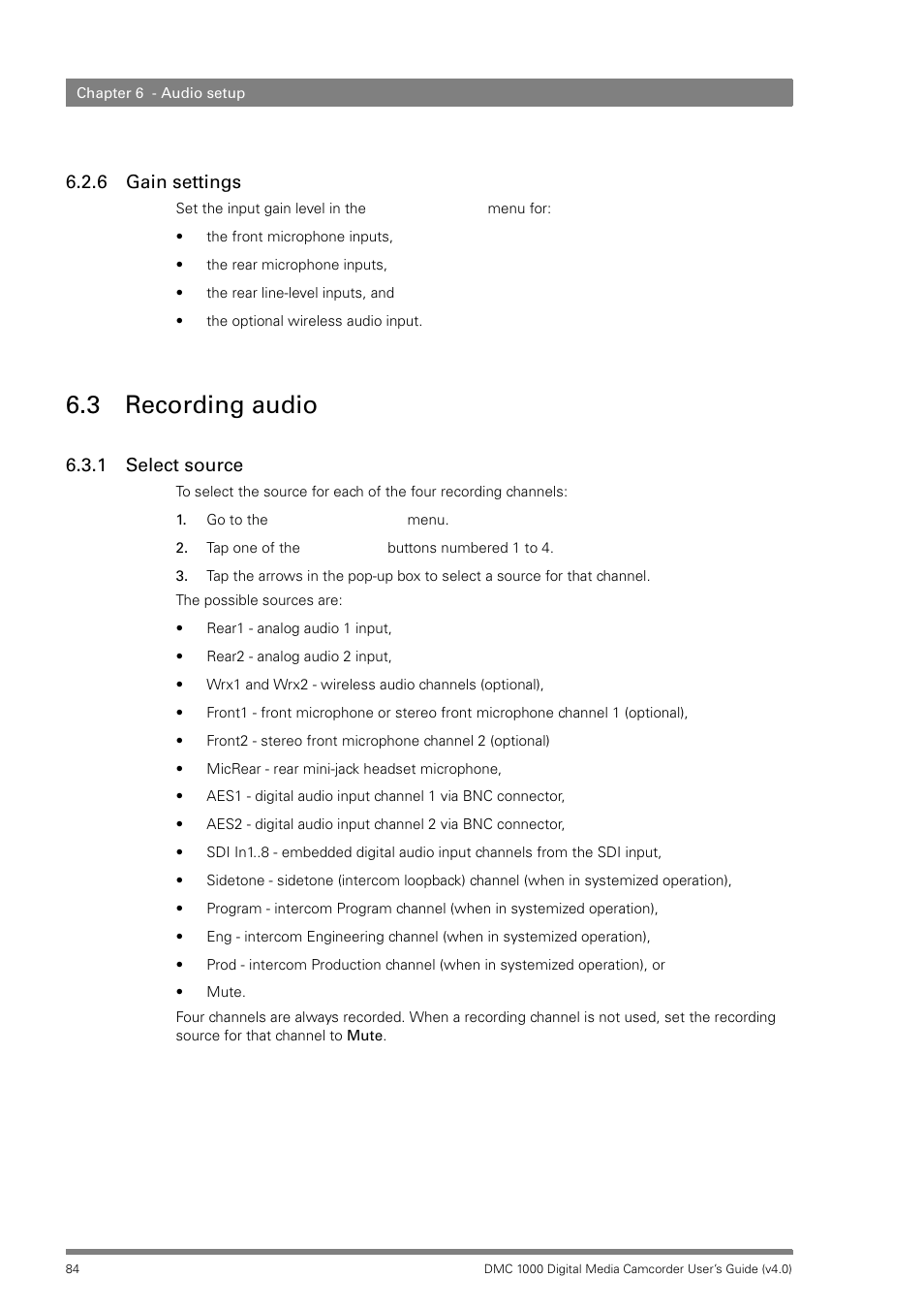 6 gain settings, 3 recording audio, 1 select source | Gain settings, Recording audio 6.3.1, Select source | Grass Valley DMC 1000 v.12.4 User Manual | Page 84 / 176