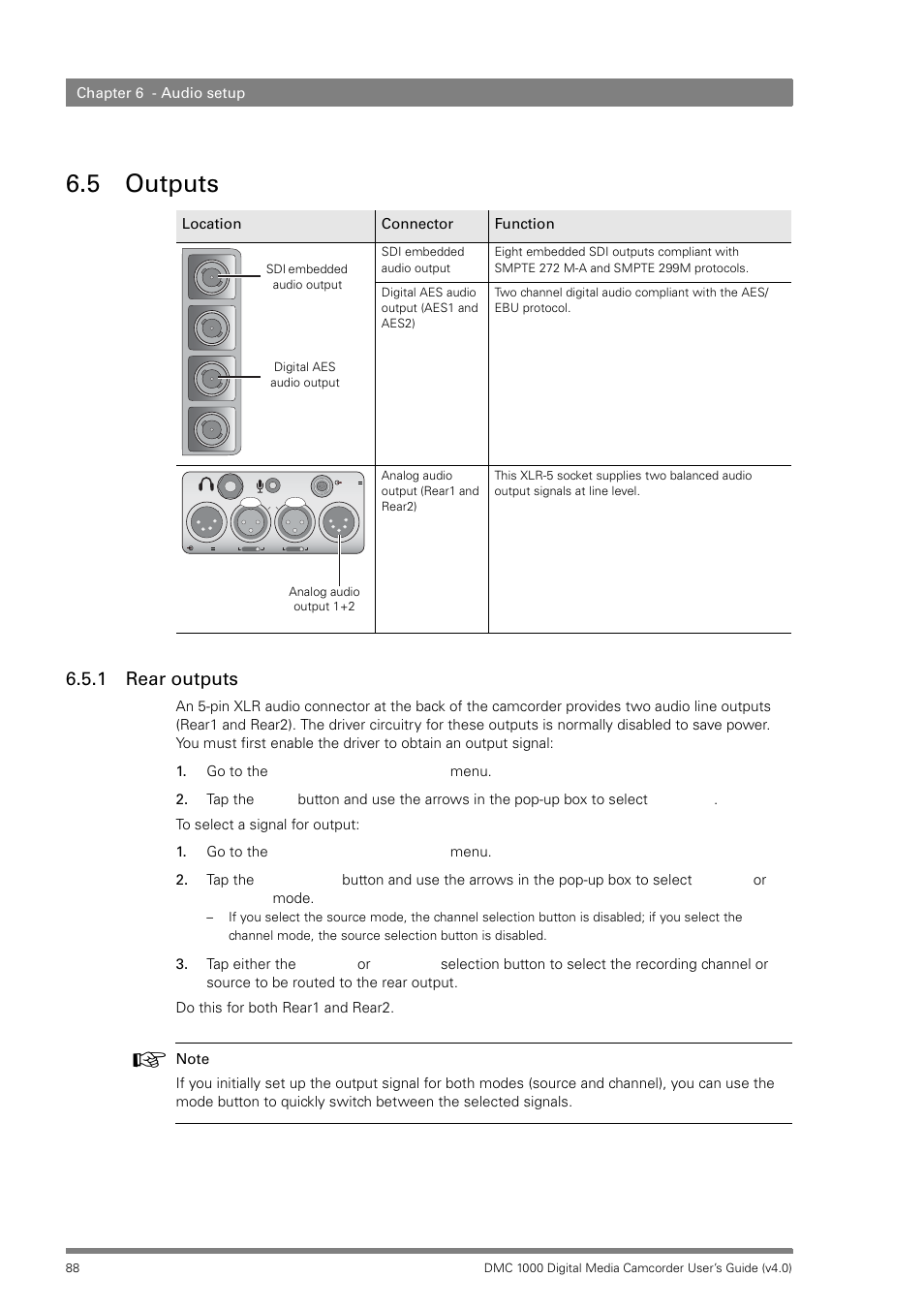 5 outputs, 1 rear outputs, Outputs 6.5.1 | Rear outputs | Grass Valley DMC 1000 v.12.4 User Manual | Page 88 / 176