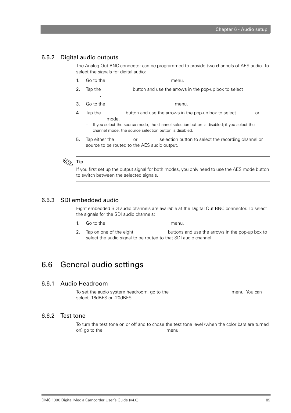 2 digital audio outputs, 3 sdi embedded audio, 6 general audio settings | 1 audio headroom, 2 test tone, Digital audio outputs, Sdi embedded audio, General audio settings 6.6.1, Audio headroom, Test tone | Grass Valley DMC 1000 v.12.4 User Manual | Page 89 / 176
