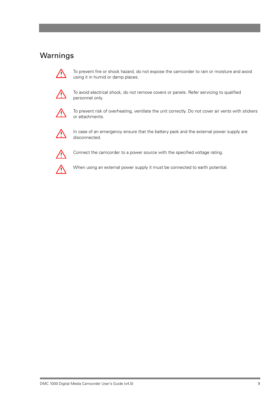 Warnings | Grass Valley DMC 1000 v.12.4 User Manual | Page 9 / 176