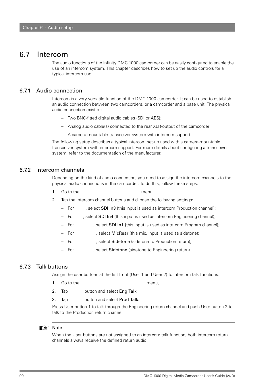 7 intercom, 1 audio connection, 2 intercom channels | 3 talk buttons, Intercom 6.7.1, Audio connection, Intercom channels, Talk buttons | Grass Valley DMC 1000 v.12.4 User Manual | Page 90 / 176